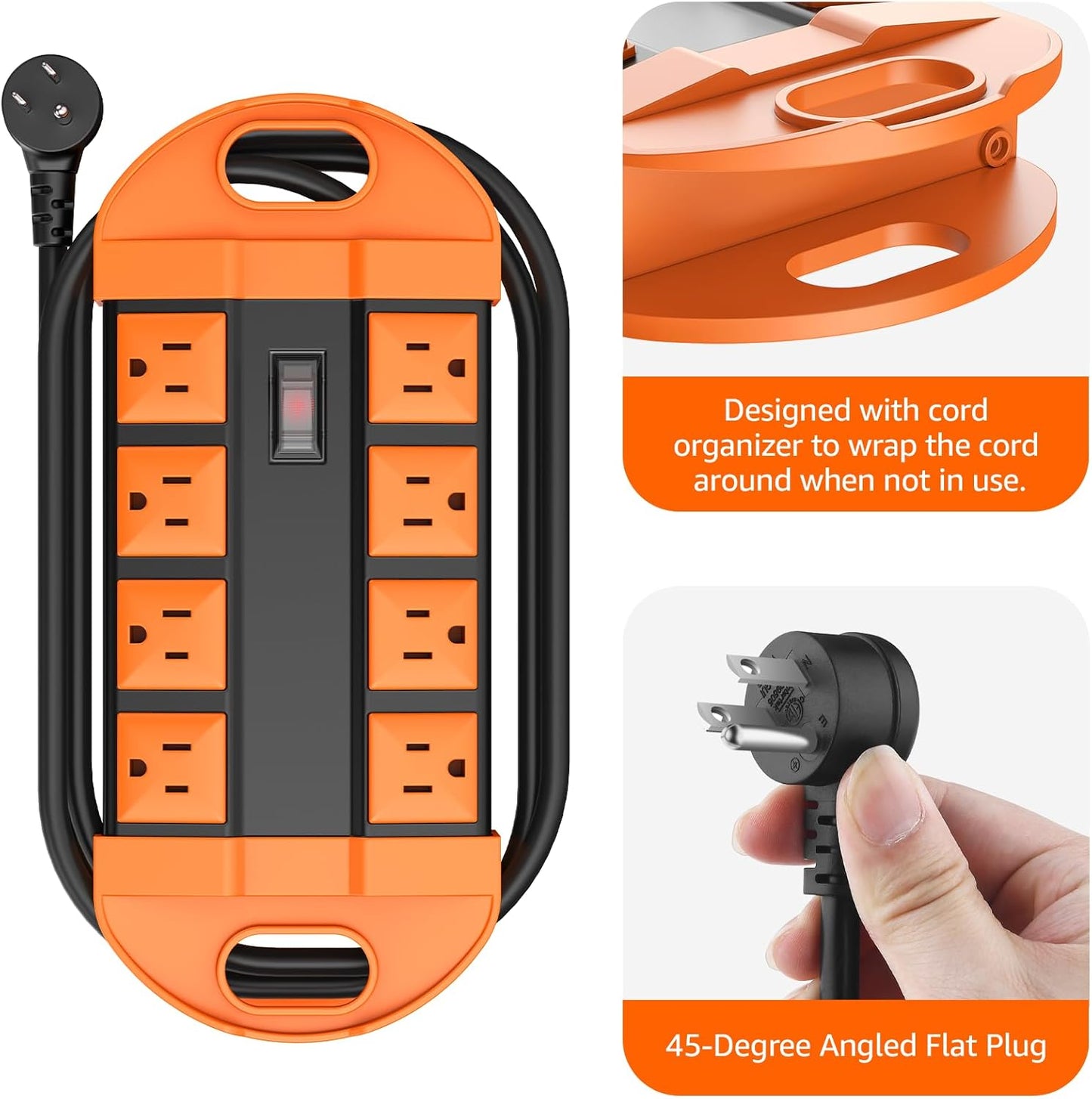 CCCEI Outdoor Power Strip Weatherproof with 8 Plug, Waterproof Extension Cord with Multiple Outlets, Christmas Exterior Garden Yard Surge Protector 6FT, Orange.