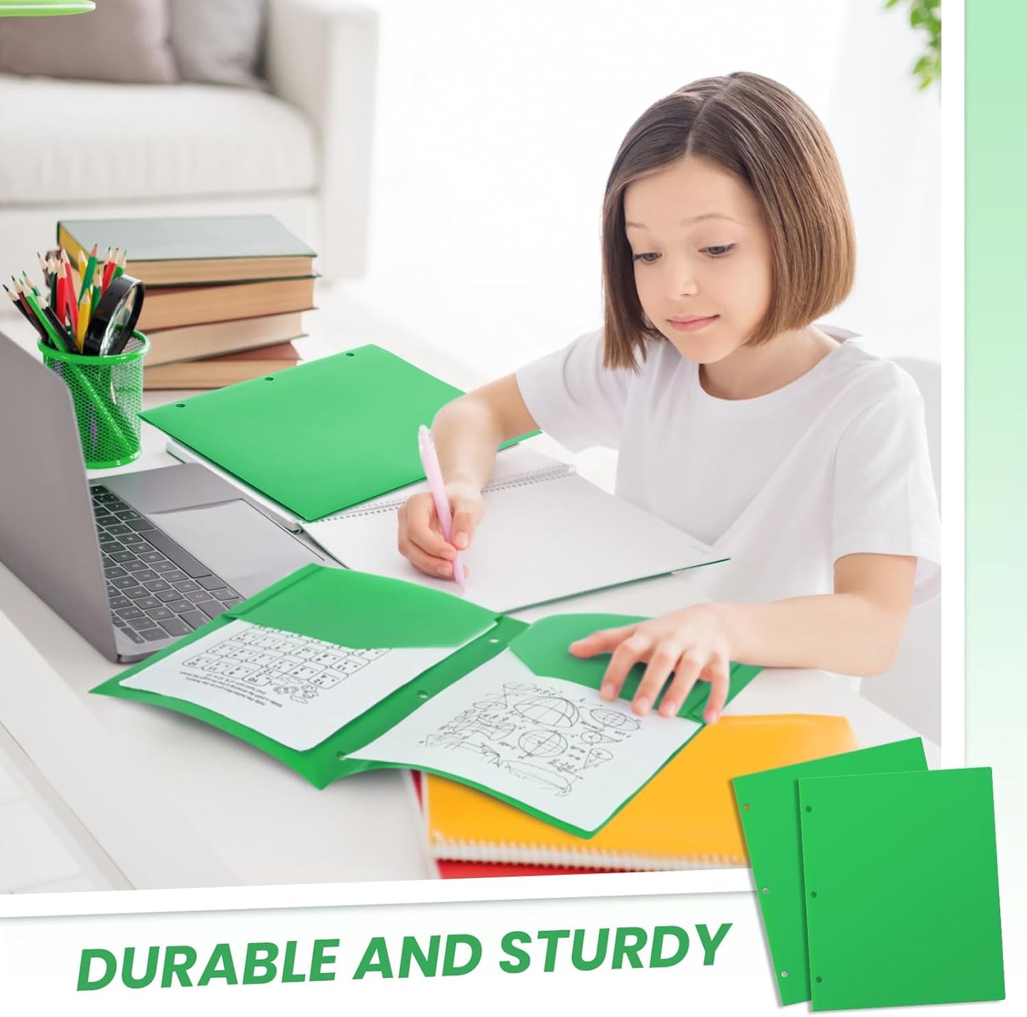 Yeaqee 50 Pcs Plastic Folders with Pockets Bulk 3 Hole Punched 2 Pocket File Folders for 3 Ring Binder Divider Folder for Notebooks, Durable Poly for Office Home (Green)