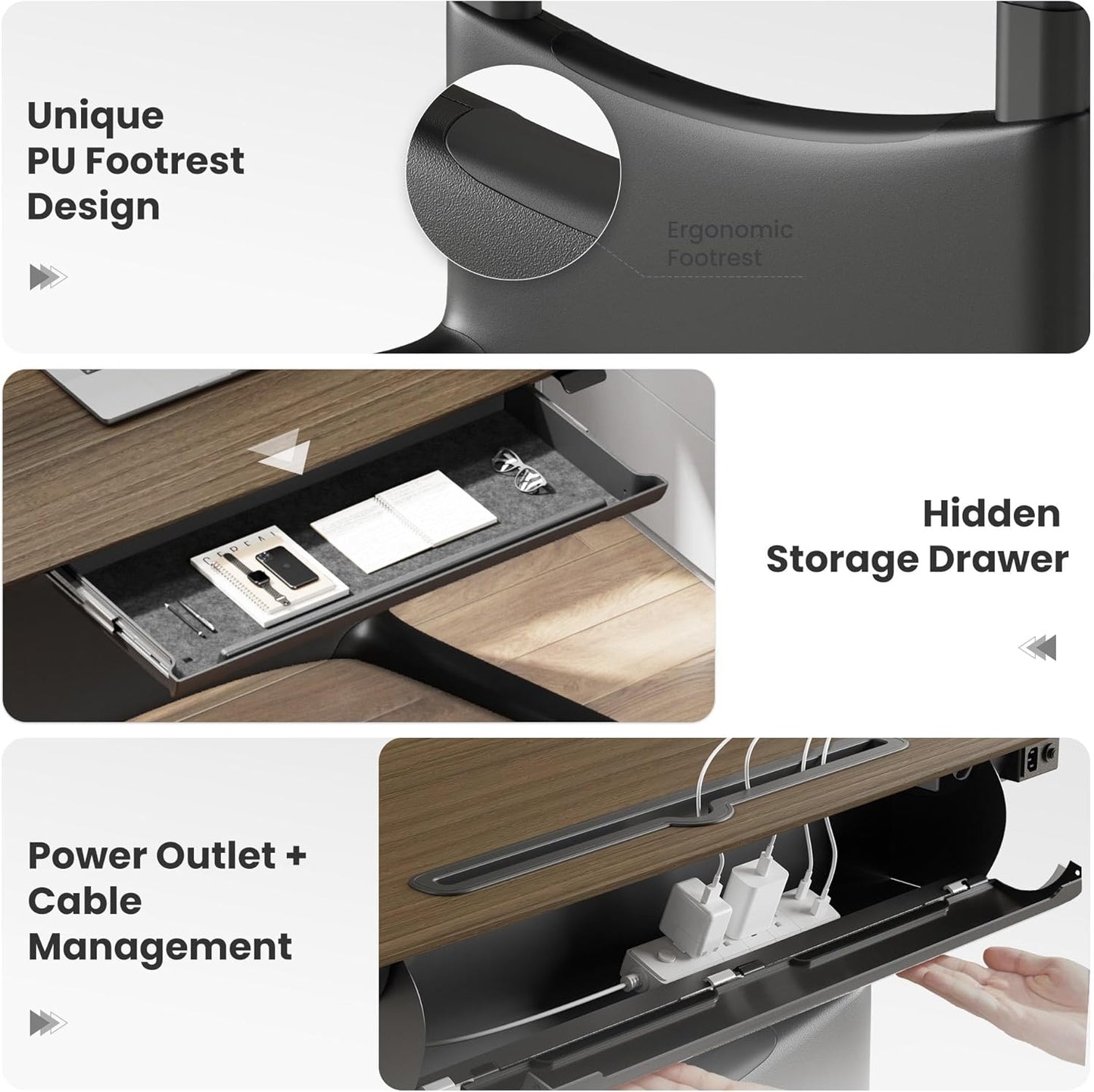 COLAMY Electric Adjustable Standing Desk – 48 x 28 Inch Sit Stand Desk with Drawer & Cable Management, Dual Motor Lift System, Ergonomic Footrest, Home Office Table (Veneer Desktop, Walnut + Black)