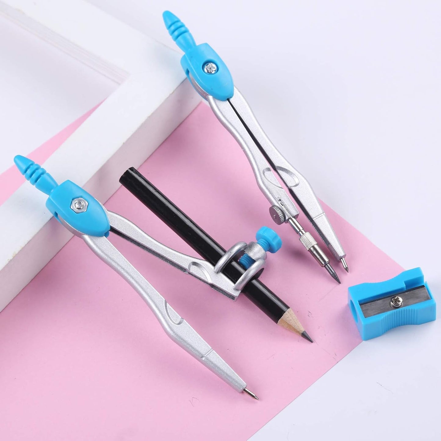 Math Geometry Kit Sets 10 Piece Student Supplies with Shatterproof Storage Box,Includes Rulers,Protractor,Compass,Eraser,Pencil Sharpener,Lead Refills,Pencil,for Drafting and Drawings(Blue)