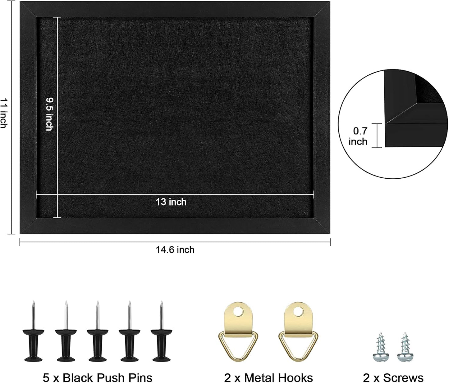 TORASO Cork Board Bulletin Board with Felt,Wood Framed Display Bulletin Board for Walls with Pins, Eye Bolts, gaskets, Screws, Pin Board for Office, School and Home(Black,1pc)