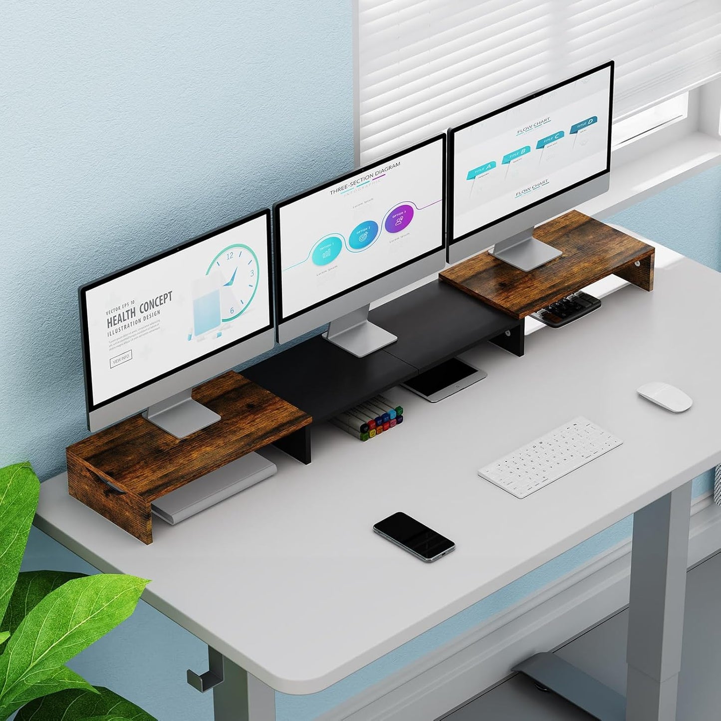 Triple Monitor Stand Riser, Extra Long Monitor Lift for 3 Monitors, Dual Monitor Stand with Length and Angle Adjustable