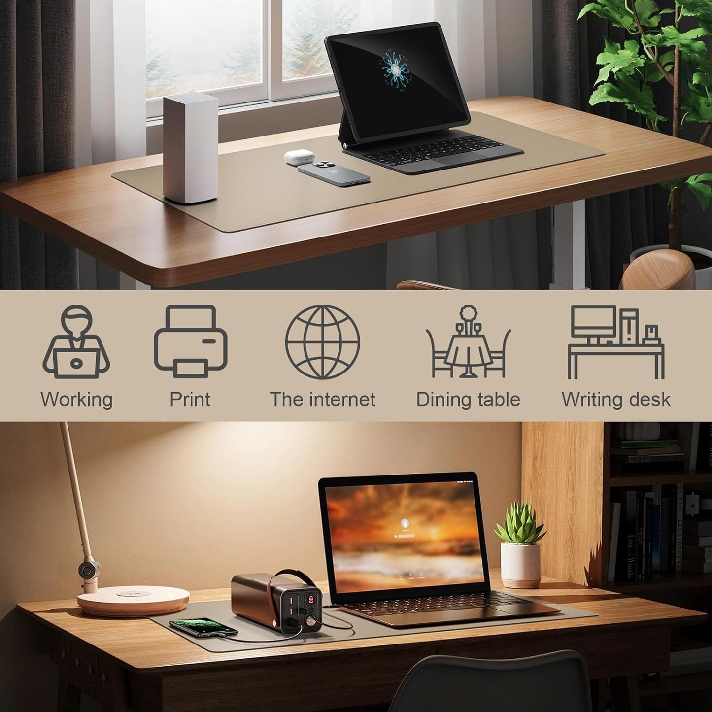 DAWNTREES Desk Mat Protector,PU Leather Laptop Pad,Non Slip, 23.6" x 13.8" Large Mouse Pad and Keyboard Mat, Waterproof Writing Pad for Office and Home (Beige)