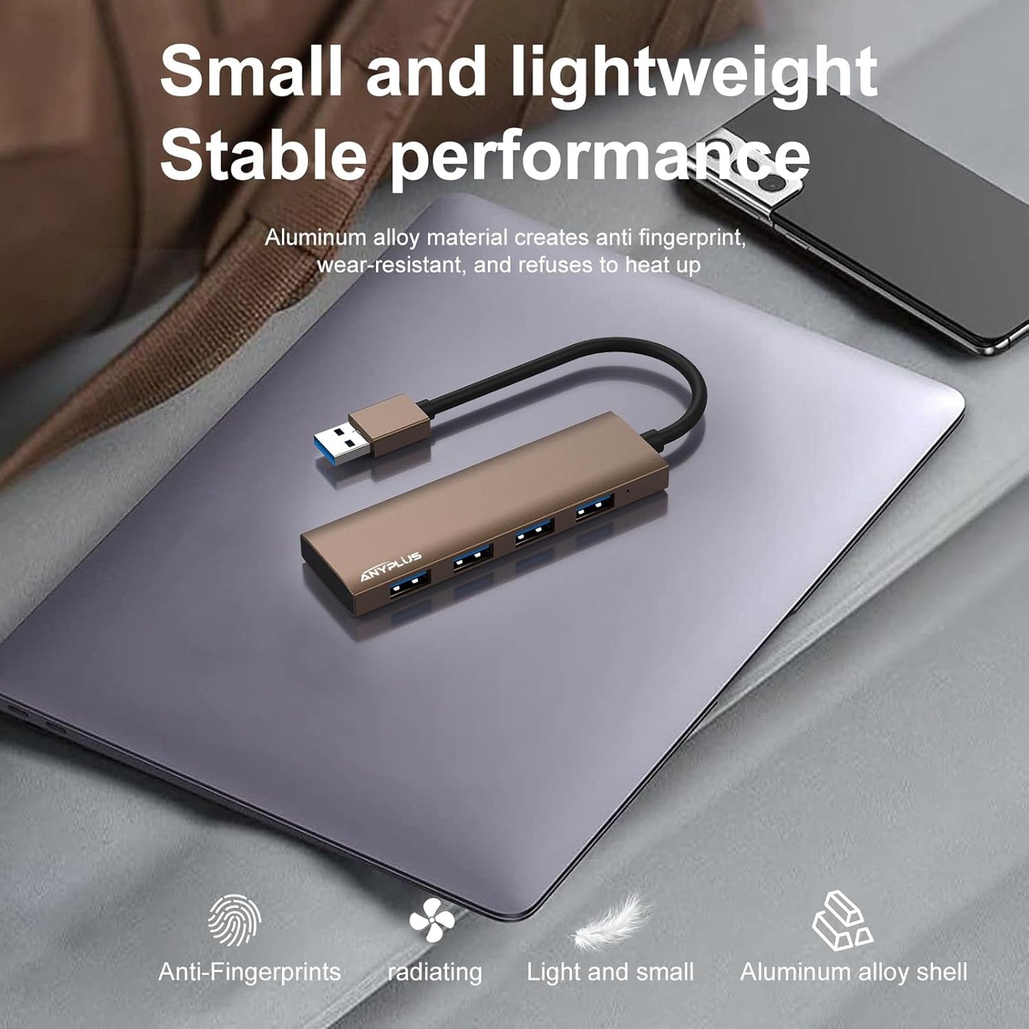 USB Hub, USB 3.0 Hub Aluminum Alloy Ultra Slim USB Splitter, Portable 4 Port USB Extender, USB Hub for Laptop, PC, MacBook, iMac, Surface Pro, Mac Pro, Flash Drive, XPS【Brown】