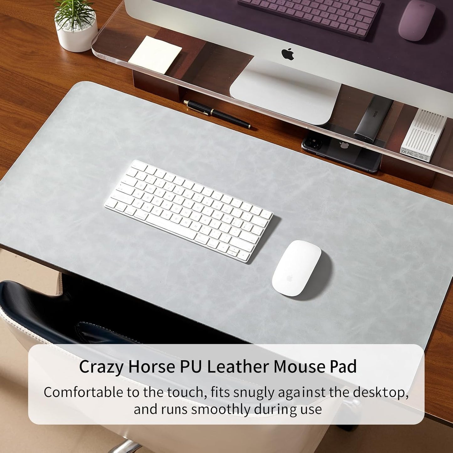 Crazy Horse Leather Desk Mat Large Mouse Pad Laptop Computer Desk Pad Protector Non-Slip Waterproof Table Blotter Desktop Writing Pad for Office and Home (Light Grey, 80x40cm)