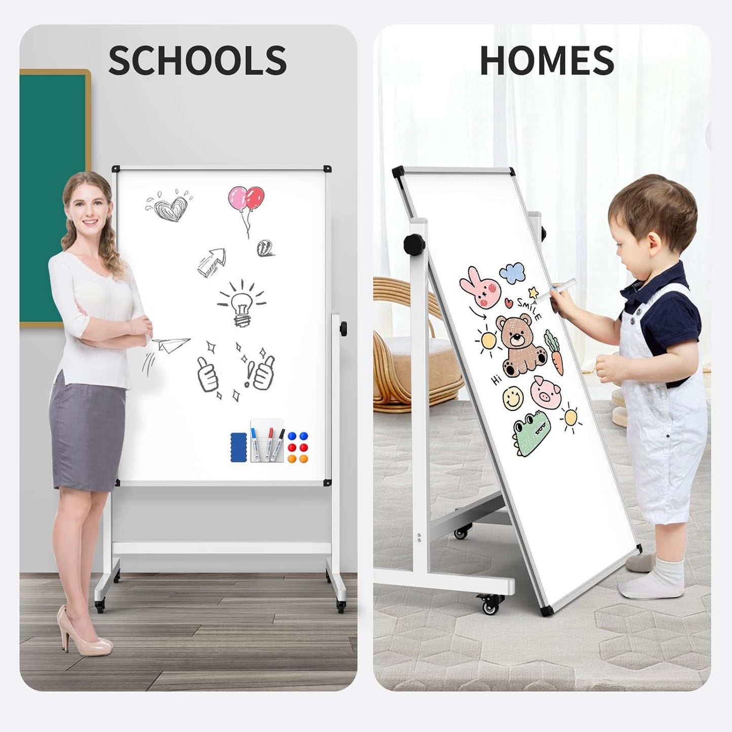 Rolling Whiteboard, Double Sided Magnetic Dry Erase Board Height Adjustable Whiteboard with Stand for Home Office Classroom (44" x 28")