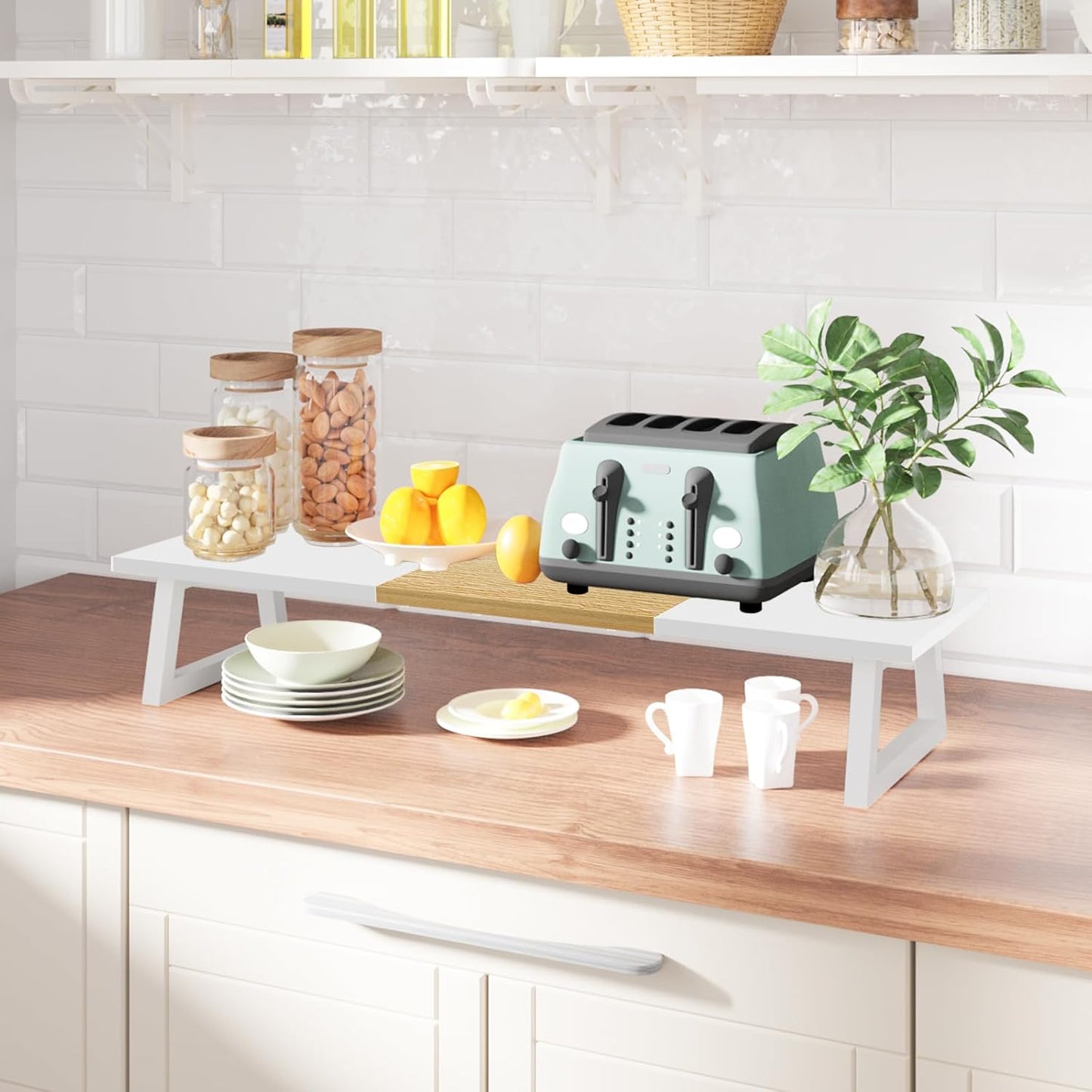 TEAMIX Dual Monitor Riser with Metal Leg, 31.5 inch Long Monitor Stand Riser Wide TV Stand Riser White Monitor Stand for 2 Monitors Wood & Steel Desktop Riser for Home Office Desk Organization