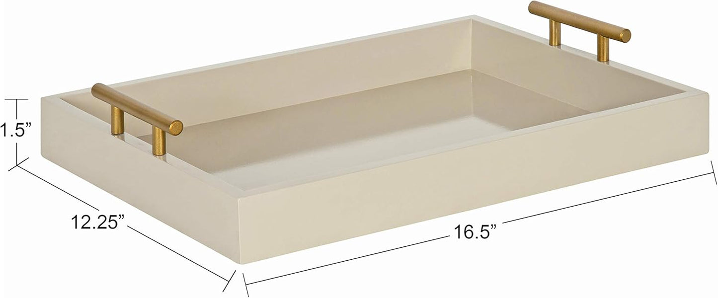 Kate and Laurel Lipton Mid Century Modern Decorative Wood Tray with Brushed Gold Metal Handles, Sand Brown