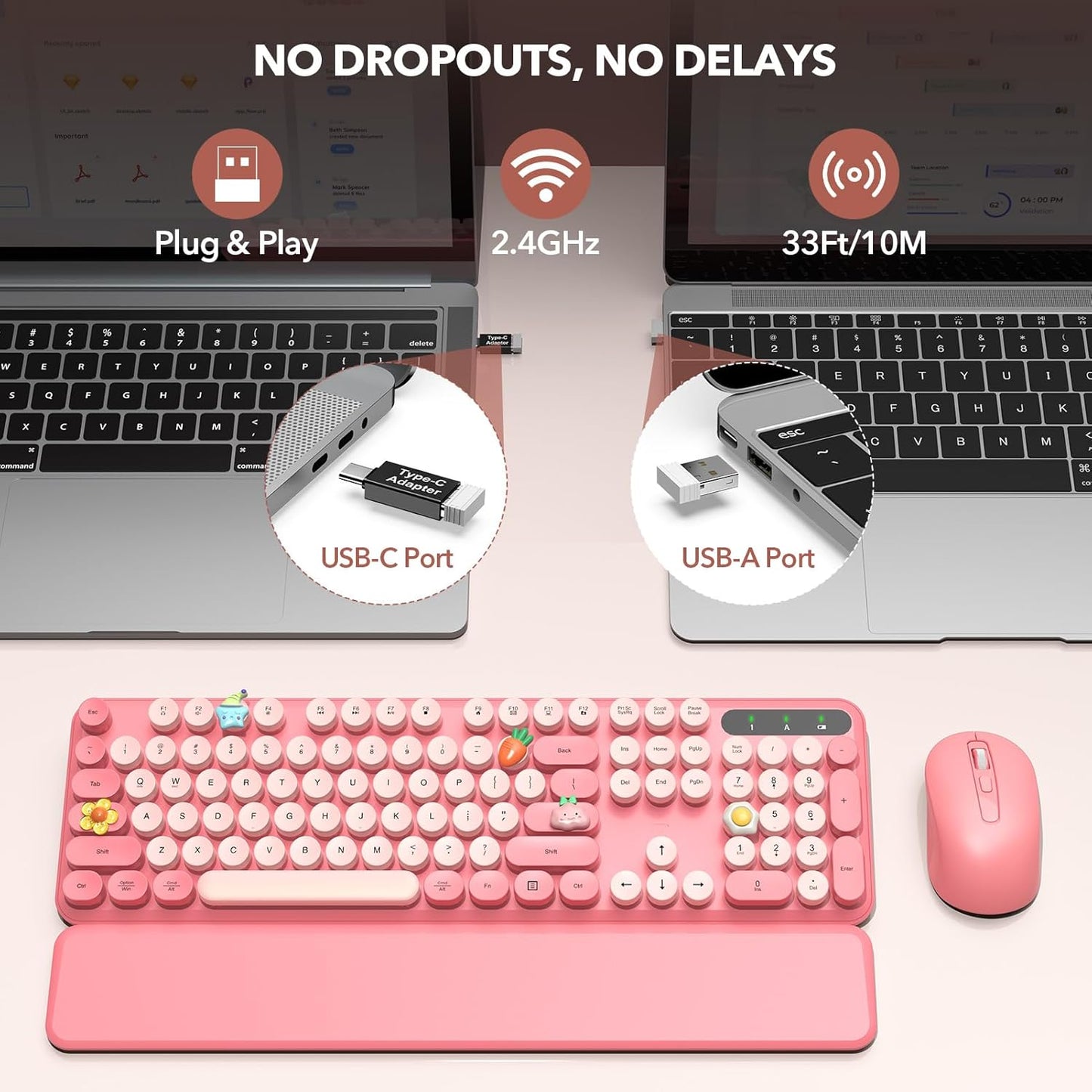 Wireless Keyboard and Mouse Combo - Retro Keyboard with Round Keycaps, Full-Size Typewriter Keyboard with Detachable Wrist Rest, 2.4GHz Connection for Mac/Windows/PC (Baby Pink)