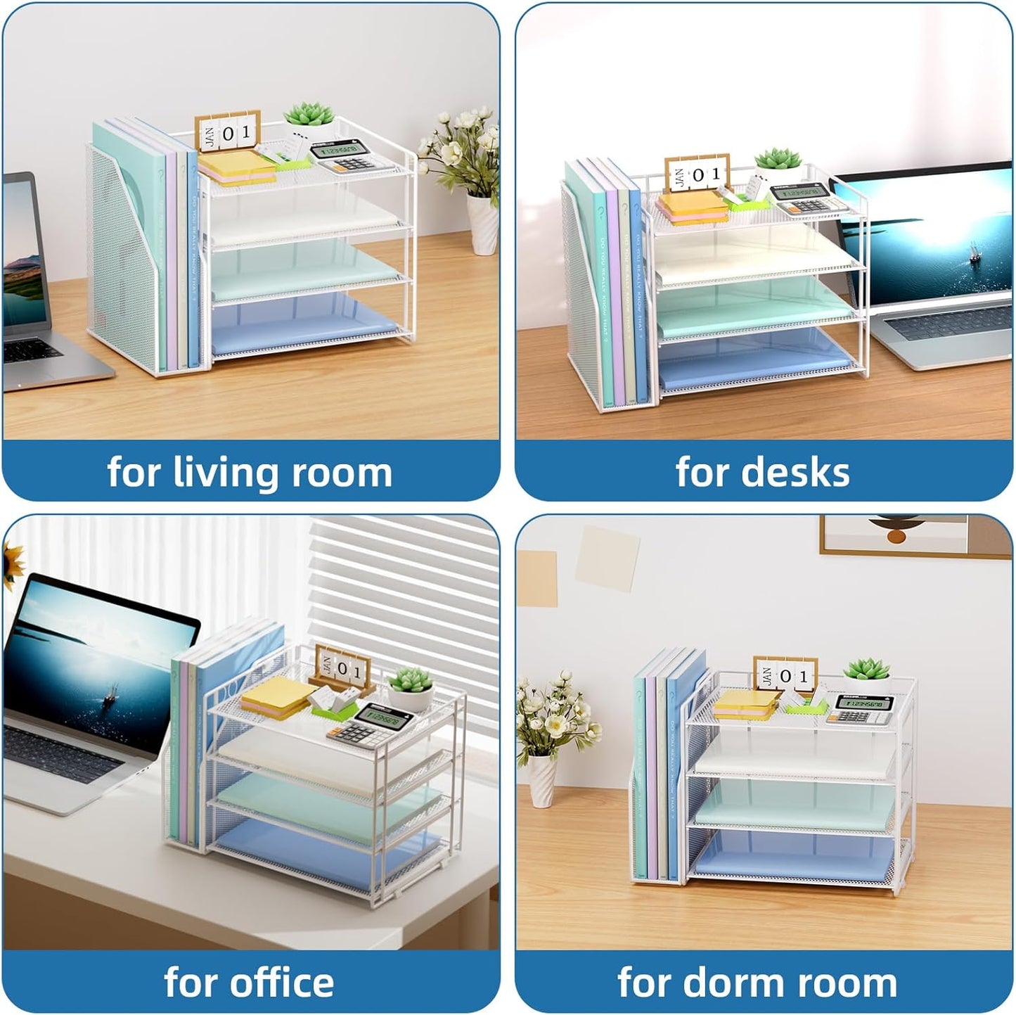 Marbrasse Desk Organizer and Accessories,4-Tier Paper Letter Tray Organizer with File Holder,Desk Accessories & Workspace Desktop Organizers for School Home Office Supplies (White)