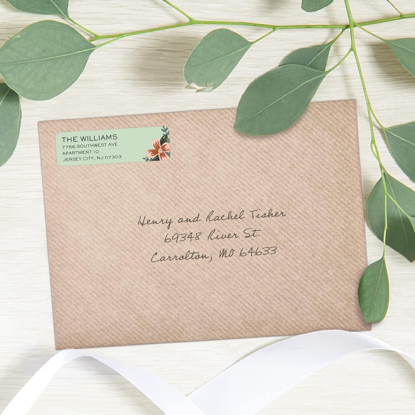 Mint and Pink Floral Rolled Address Labels/Roll of 500 Personalized Return Address Labels/Designer Return Address Stickers in Elegant Plastic Dispenser