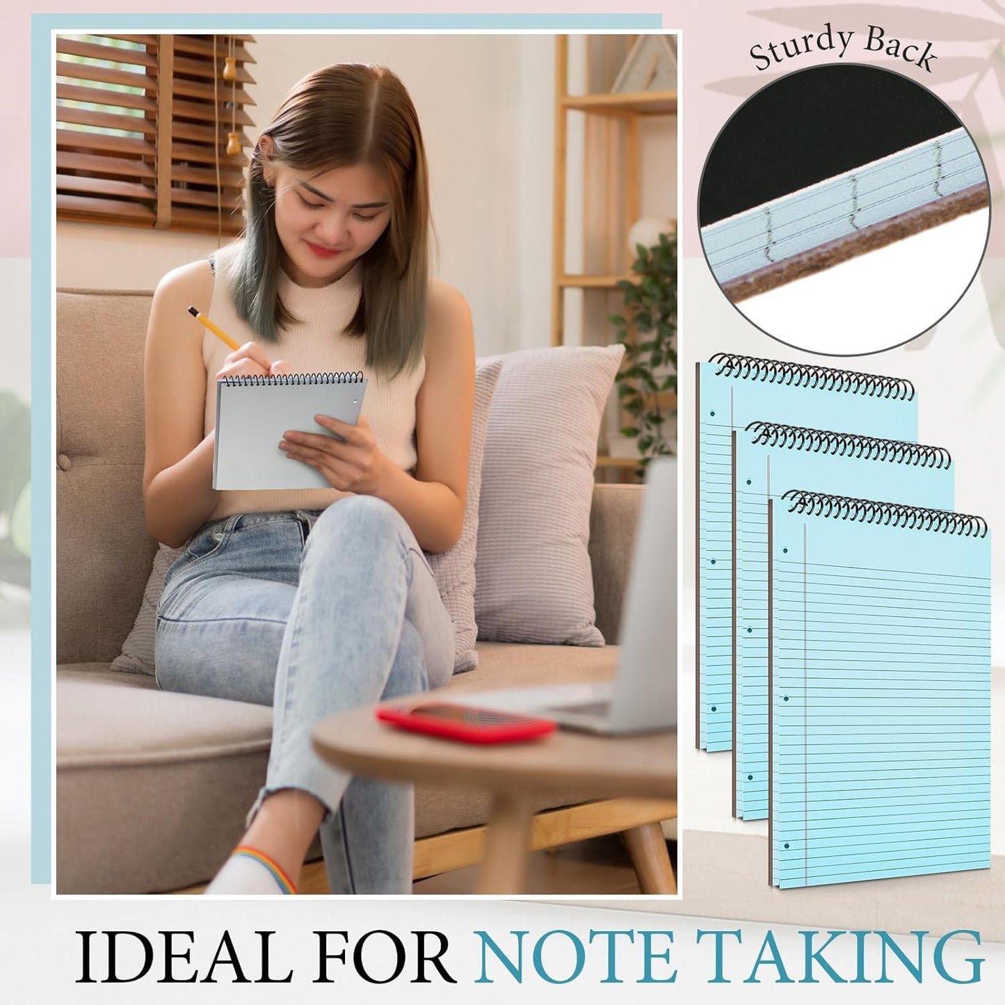 3 Packs 8.5" x 11" Top Spiral Notebook with 3 Hole Punched Legal Pads College Ruled Notepad 50 Sheets Hard Cardboard Paper Wirebound Notepad for Office School Business (Blue)