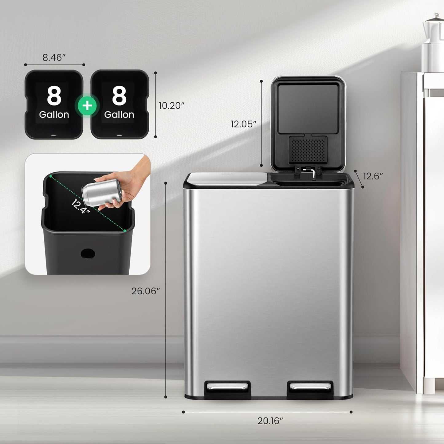 Cesun Kitchen Trash Can, 8 + 8 Gallon Dual Trash and Recycle Bin Combo, 2 Compartment Stainless Steel Kitchen Garbage Can with Lid, Removable Inner Buckets, Soft Close, Odor Filter, 30L+30L