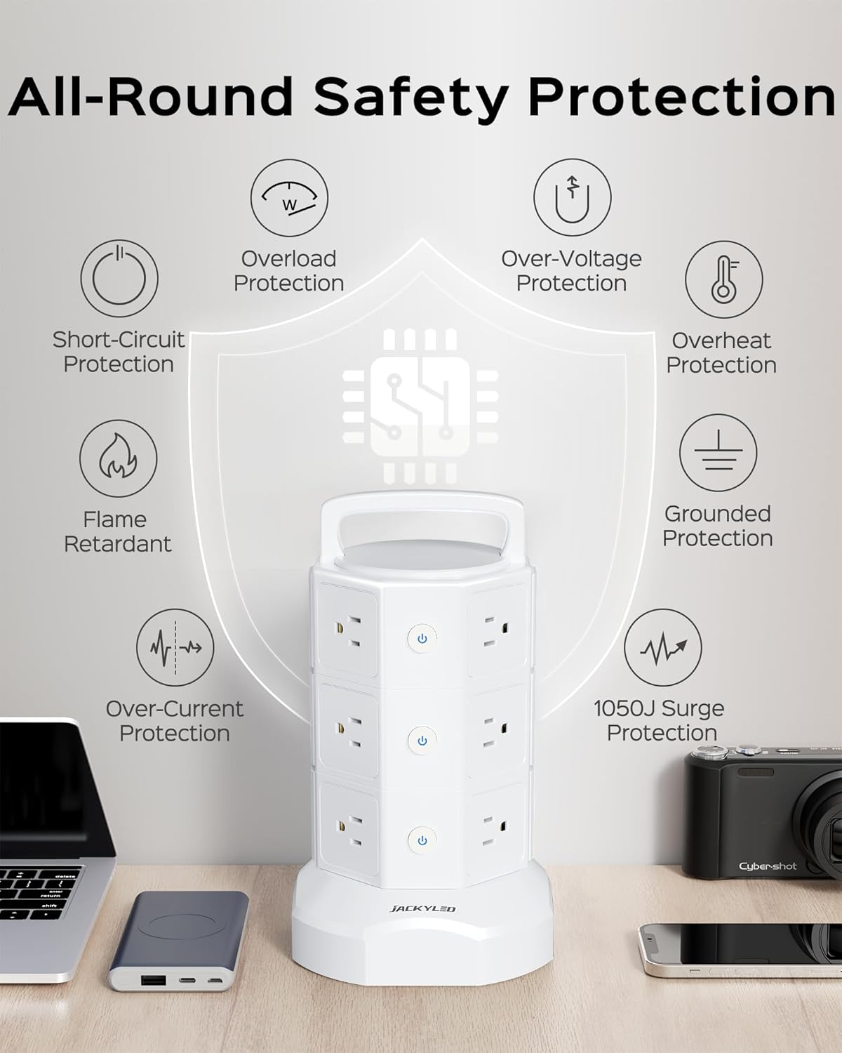 Power Strip Tower Surge Protector, JACKYLED 12 Outlets 6 USB (2 USB C) Charging Station, Extension Cord with Multiple Outlets, 1050J 1625W/13A Outlet Extender 6.5ft Extension Cord for Home Office