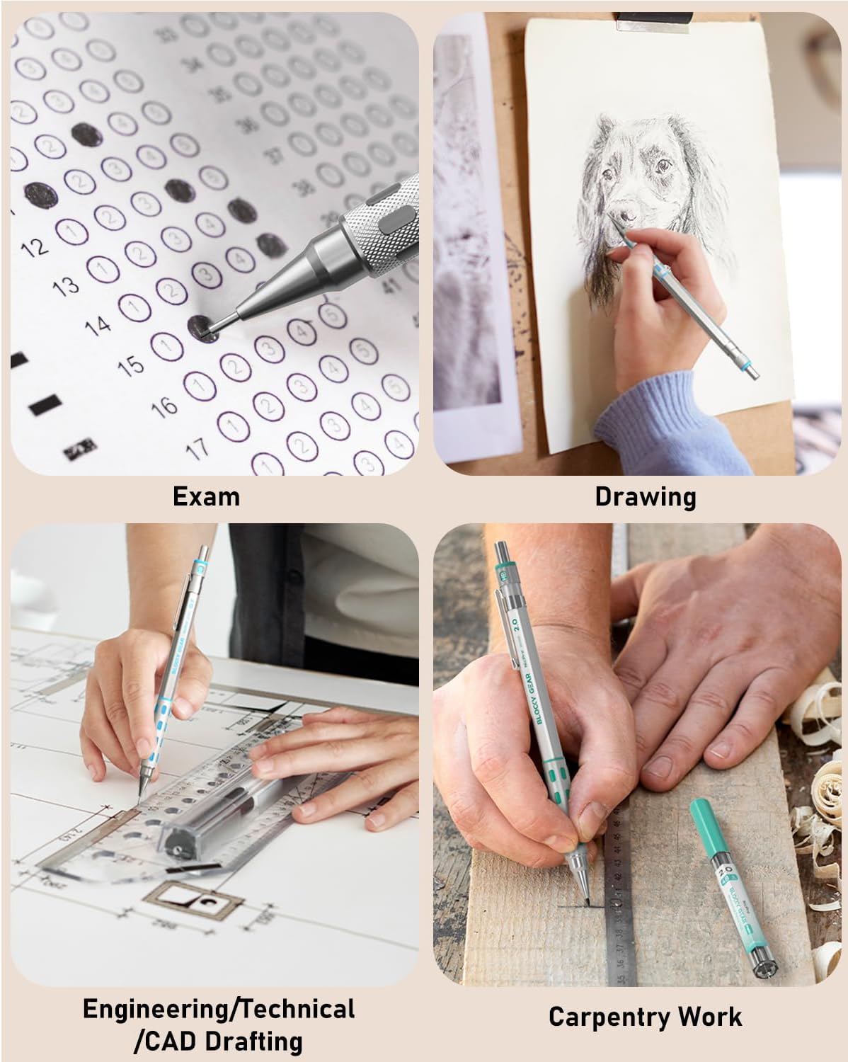 Nicpro Blocky Gear Metal Mechanical Pencil Set with Leather Case, 40PCS Art Drafting Pencil 0.5, 0.7, 0.9 & 2mm Lead Pencil with 352PCS (HB 2H 4H 2B 4B 6B Color) Lead Refills for Sketching Drawing