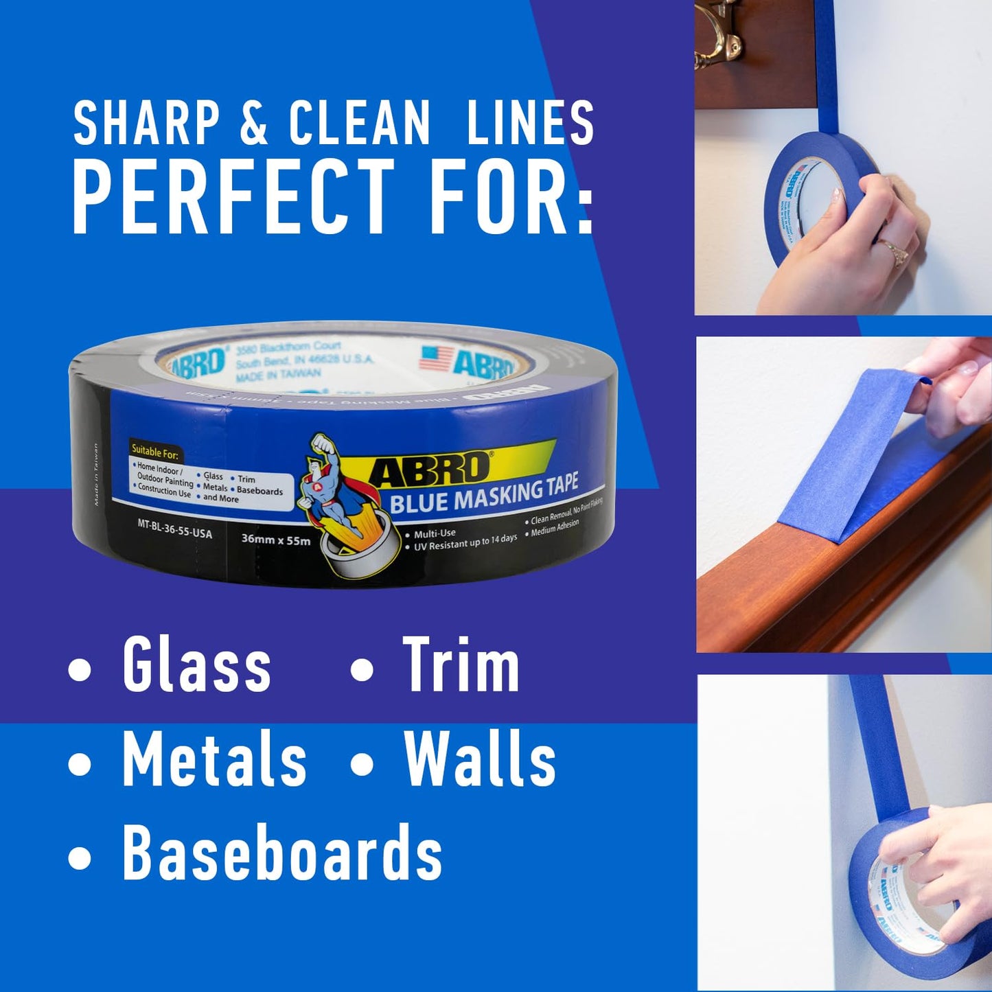 ABRO Blue Painters Tape 2 Inch Wide, 48mm x 55M, All Purpose Blue Tape, Temporary Labeling, Easy Tear, Clean Removal, Masking Tape Colored DIY or Pro - 3 Pack