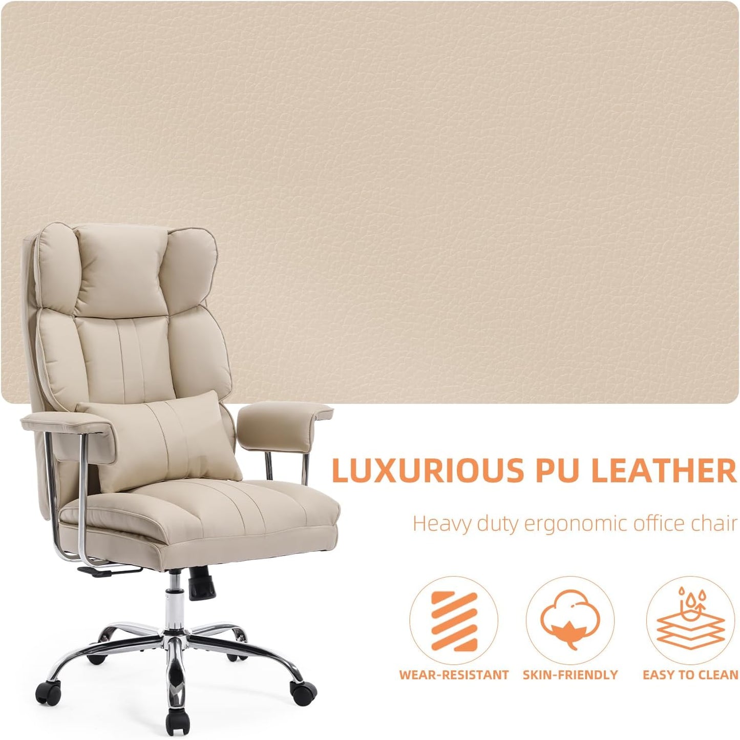 Big and Tall Office Chair 500lbs Wide Seat Executive Office Desk Chair High-Back Office Task Chair, Ergonomic Lumbar Support Computer Office Chairs for Heavy People(Beige)