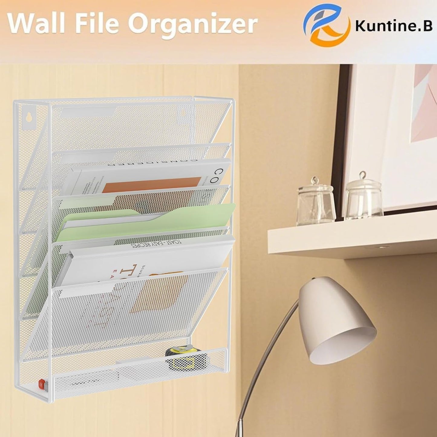 Kuntine.B Wall File Organizer Office Hanging Magazine Holder Wall File Organizer for Office Home (White, 6 Tier)