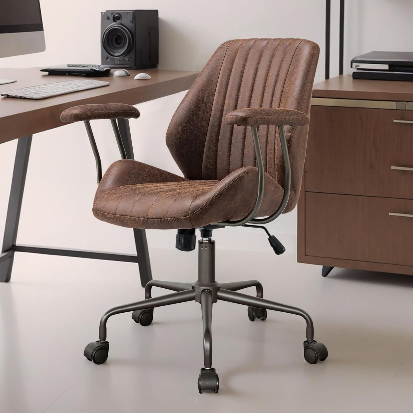 Mid Century Modren Office Chair - Mid Back Swivel Executive Chair with Lumbar Support,Ergonomic Computer Desk Chair with Wheels,Faux Lether Suede Task Chair,350lbs (Dark Brown, Mid Back)