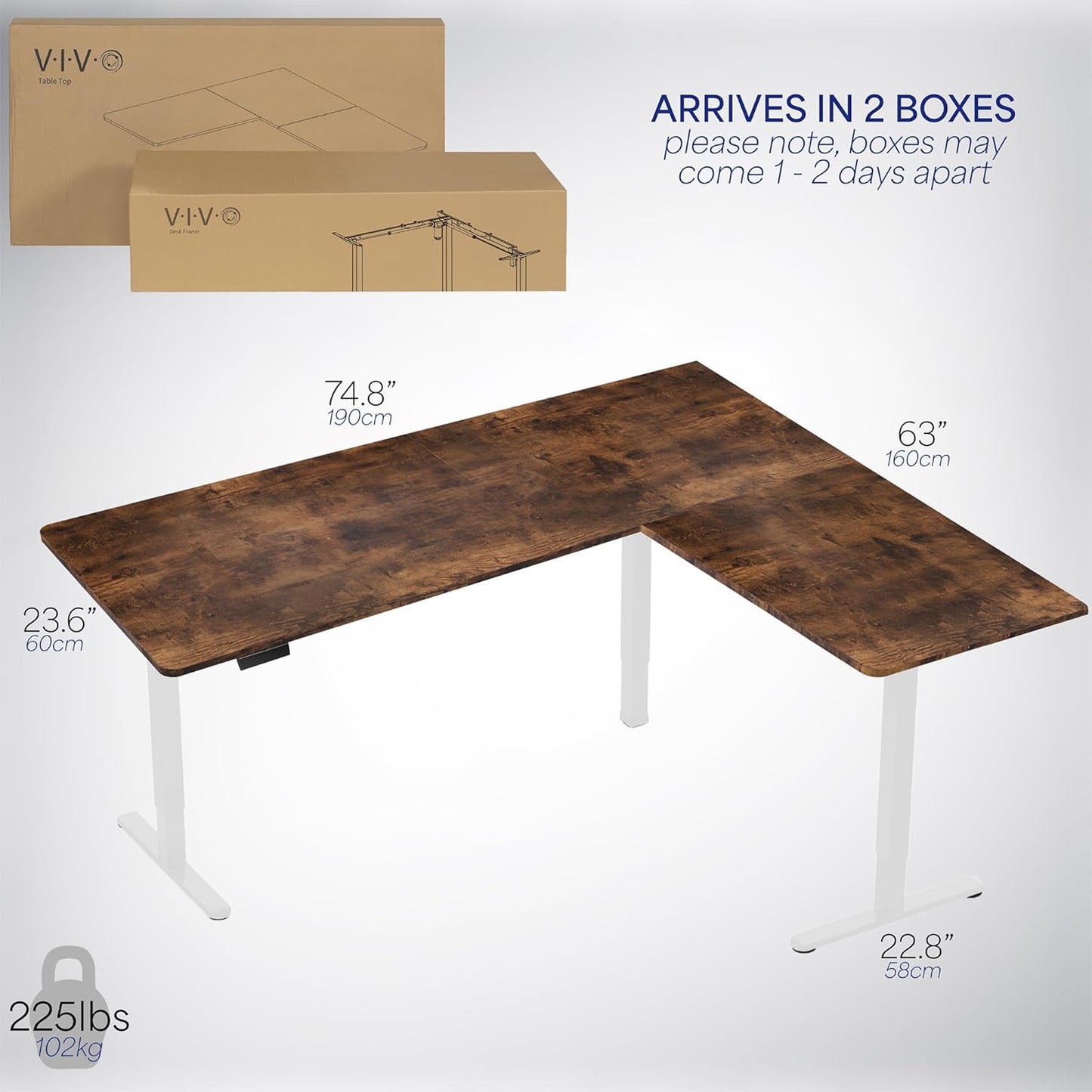VIVO Electric Corner L-Shaped 75 x 63 in Rustic Standing Desk, Memory Height Adjustment, Vintage Brown Top White Frame, DESK-E3CTWN-75