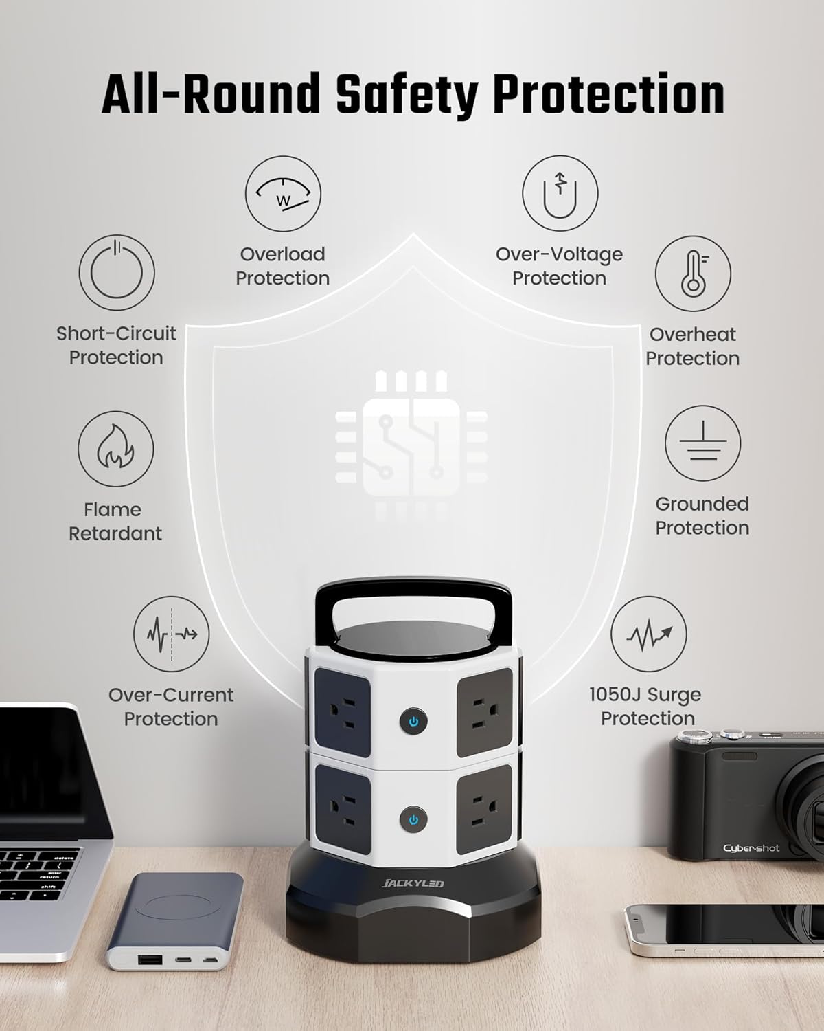 Tower Surge Protector Power Strip, JACKYLED Extension Cord with Multiple Outlets, 8 Outlets 4 USB Ports(2 USB C) 1625W/13A Retractable Cord Charging Station with 1050J Protection, Home Office Supplies