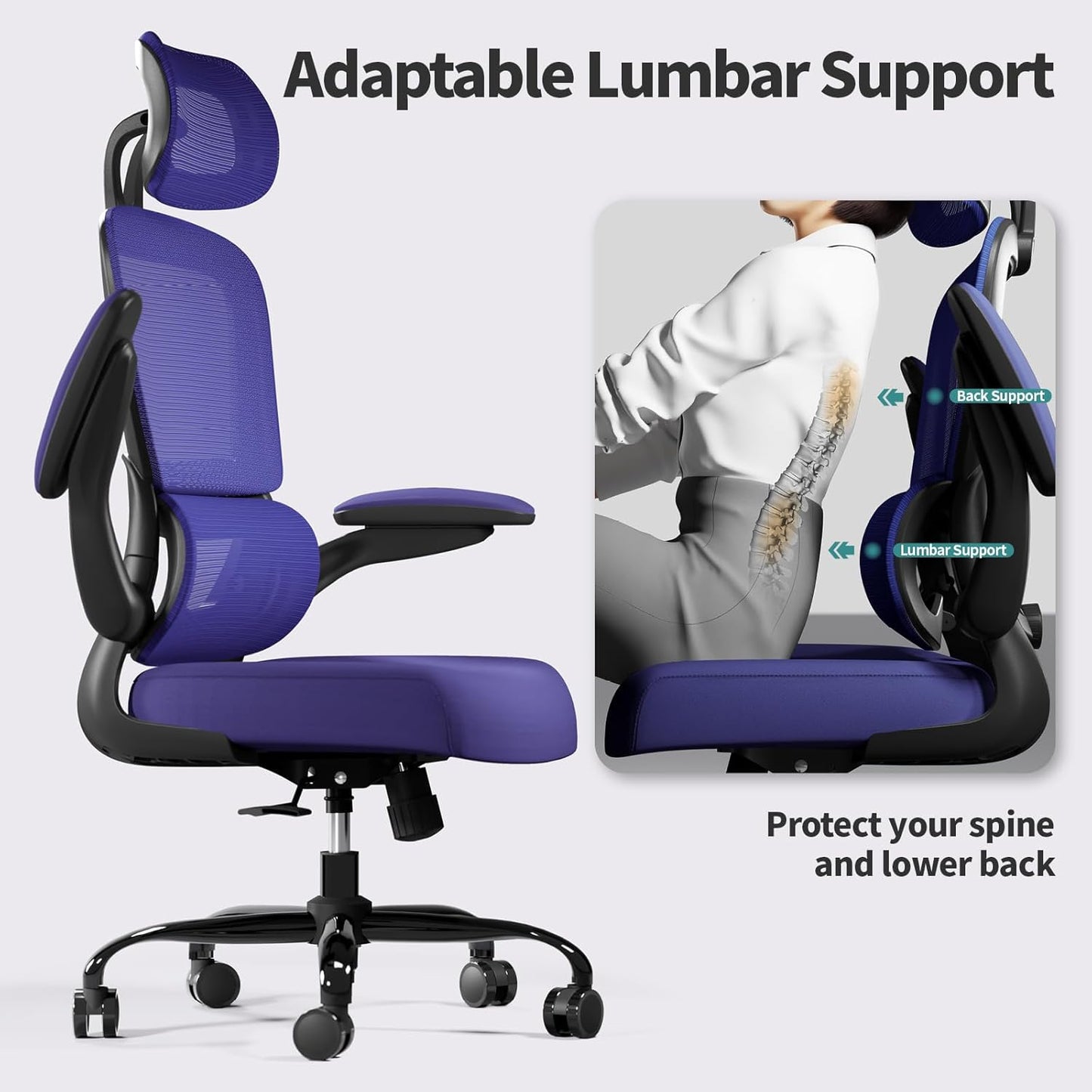 Office Chair Ergonomic Desk Chair, 330 LBS Home Mesh Office Desk Chairs with Wheels, Comfortable Gaming Chair, High Back Office Chair for Long Hours (Violet)