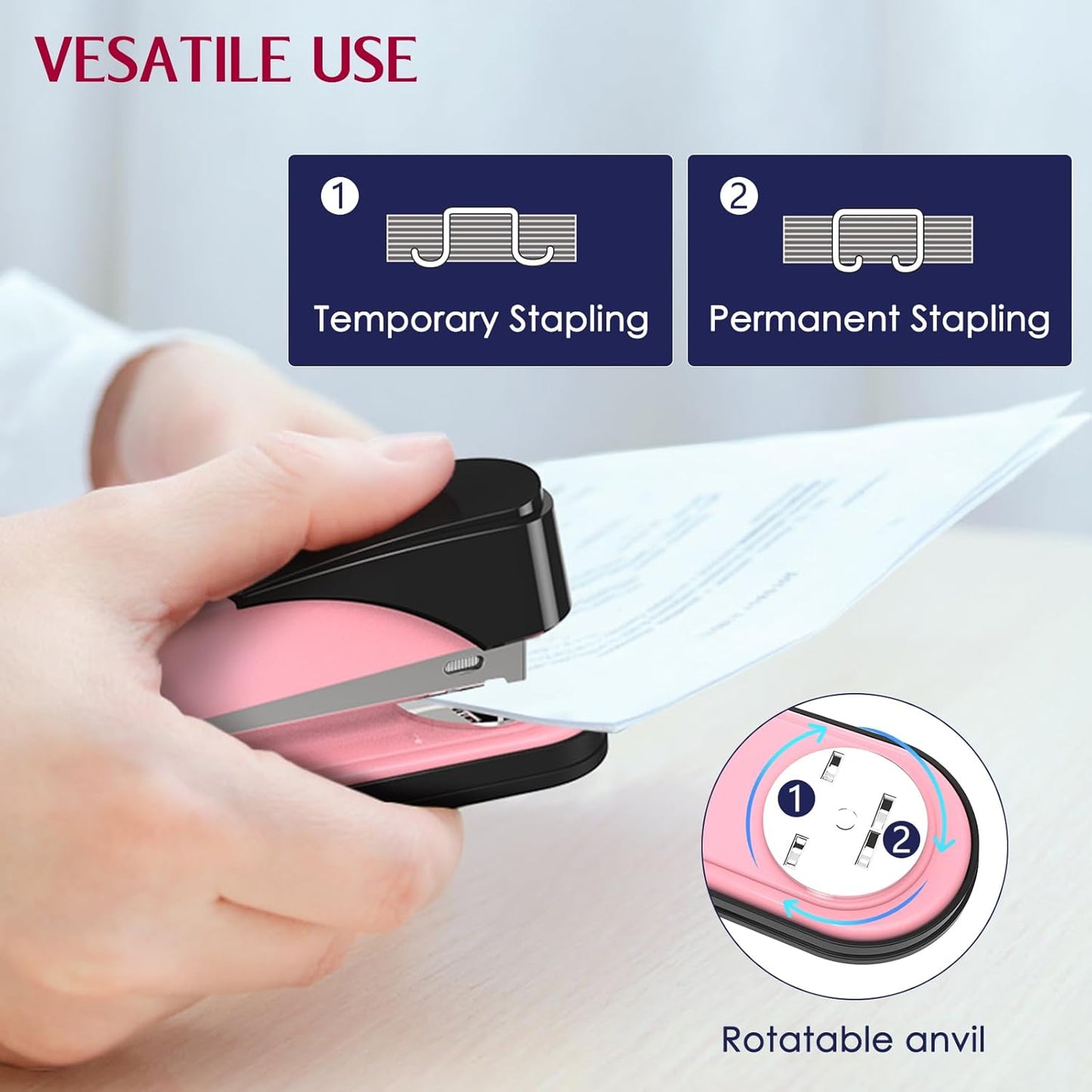 Metal Stapler Heavy Duty 50 Sheet Capacity with 1750 Staples and Staple Remover, Full Strip Staplers for Desk, No Jam, Non-Slip for Office & Classroom, Pink