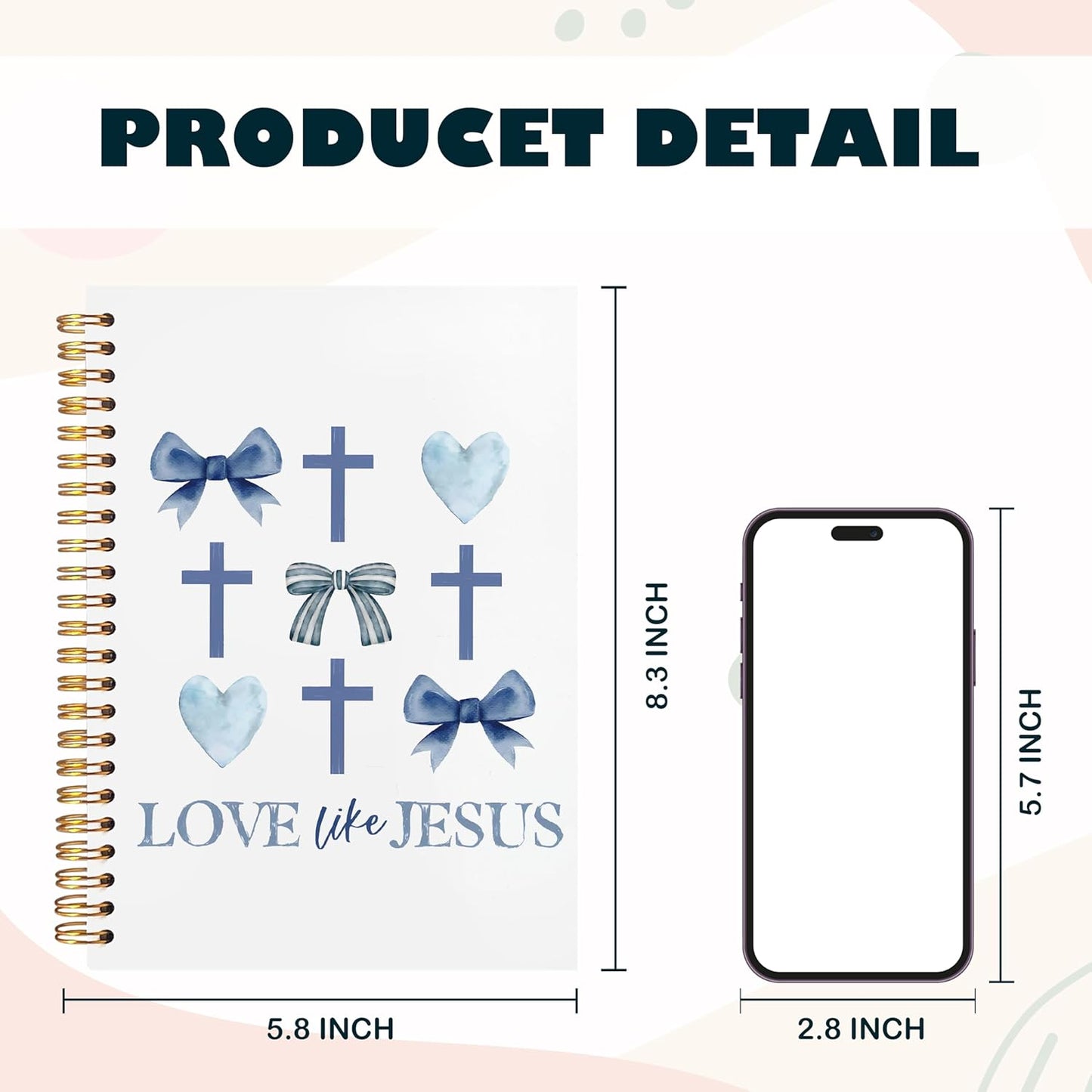 BearCake Love Like Jesus Christian Notebook Journal, Christian Gifts for Women, Blue Coquette Bow Cross Prayer Journal for Woman, Bible Journaling Hardcover Spiral Notebook 5.5x8.3