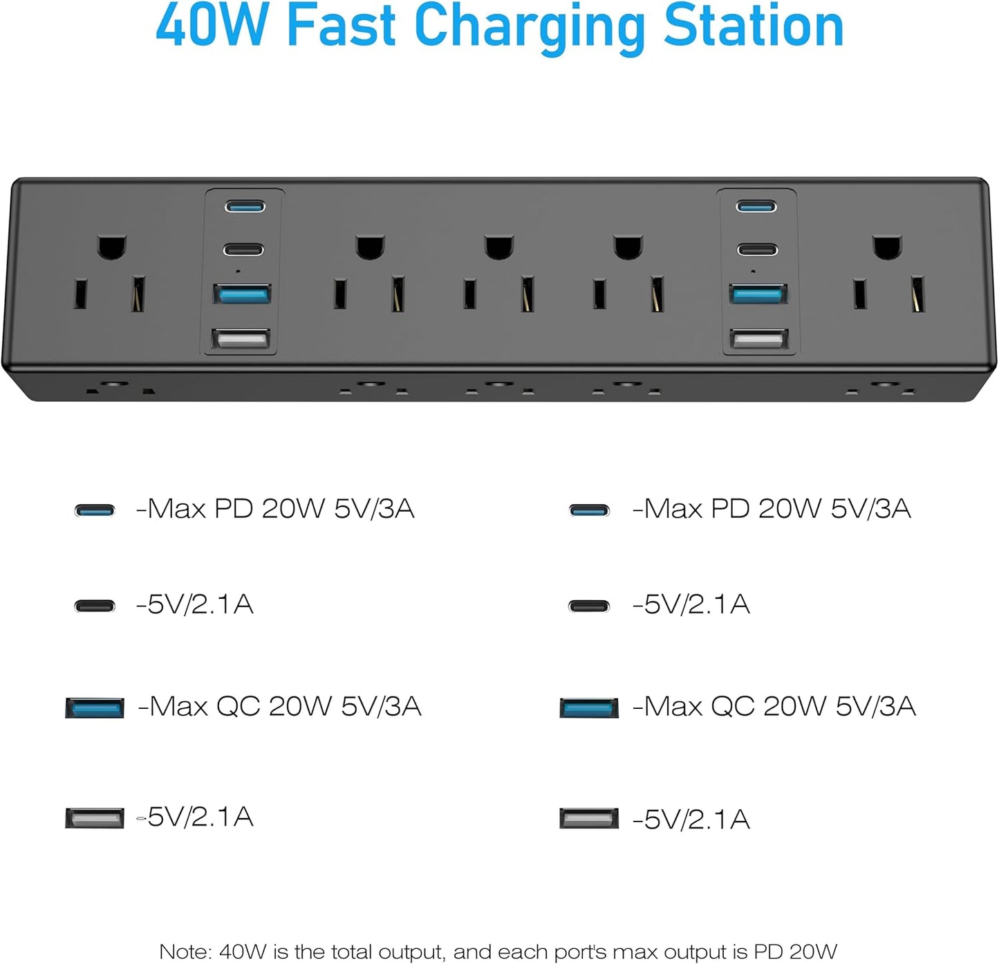 40W Fast Charging Station, VILONG Desk Clamp Power Strip, Desktop Mount Surge Protector, 8 USB Ports(4 USB-C), 10 AC Outlets and 6Ft Cord, for Home, Office, Fit 1.6" Tabletop Edge