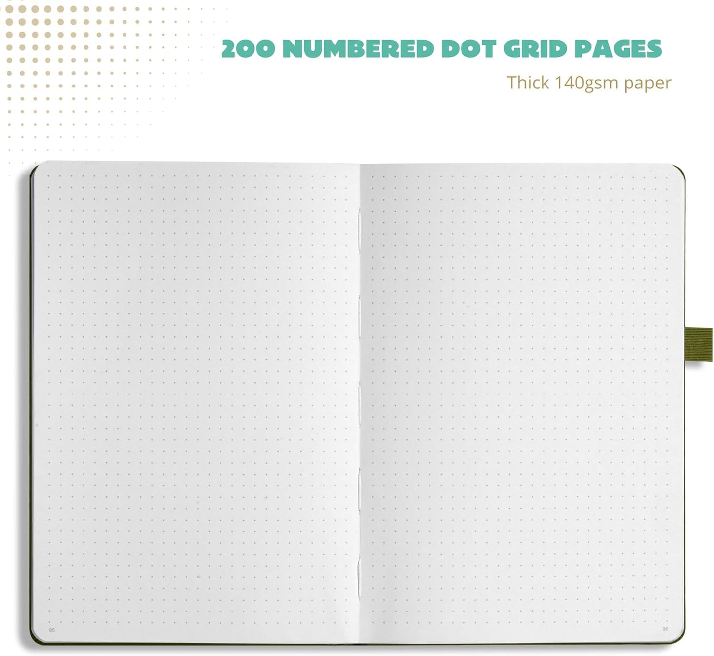 Dotted Journal – 140gsm Bleed Proof Thick White Paper – 200 Numbered Dot Grid Notebook Pages – Lay Flat Binding a5 Dotted Notebook with 3 satin Bookmarks and Expandable Back Pocket