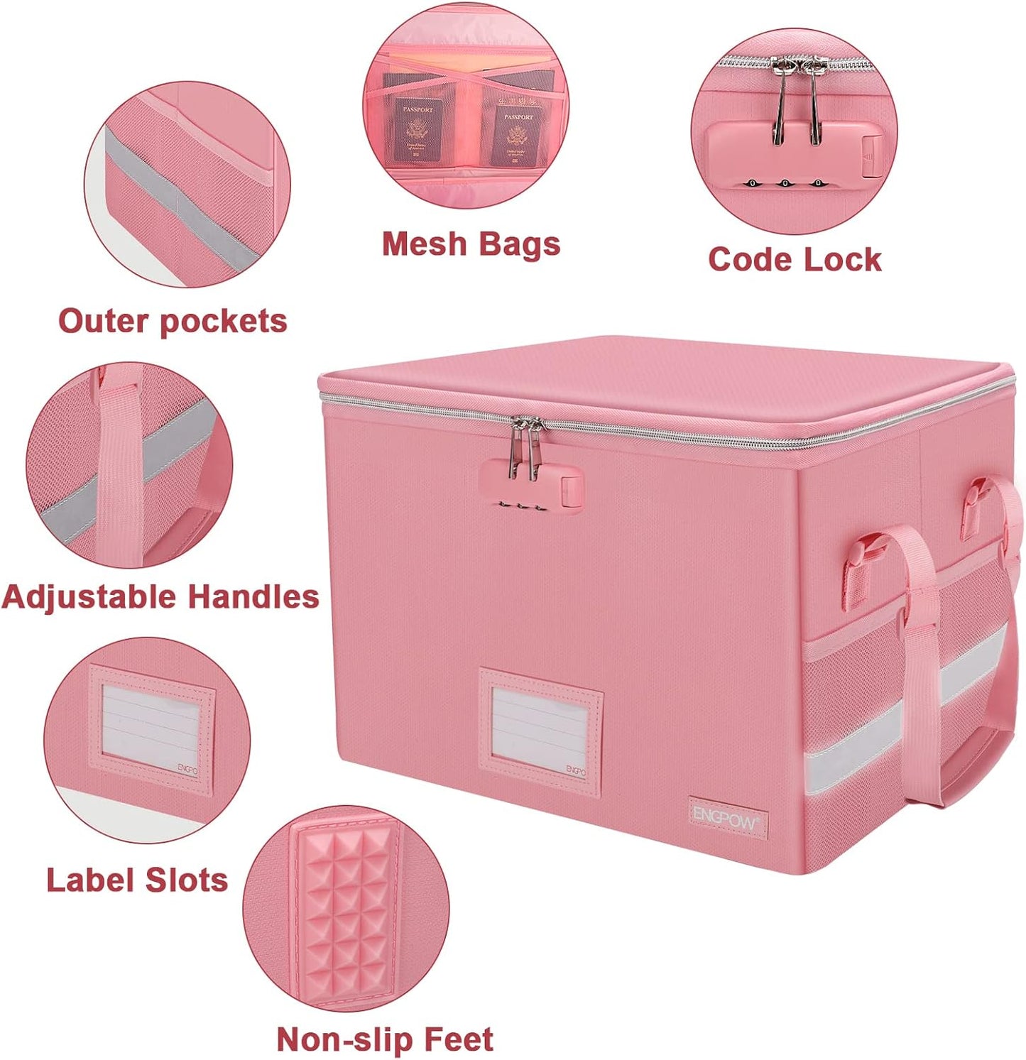 ENGPOW File Box with Lock, Fireproof Document Box with Zipper&Pockets, Collapsible File Organizer Filing Storage Cabinet with Handle, Portable Home Office Safe for Hanging Letter/Legal Folder, Pink