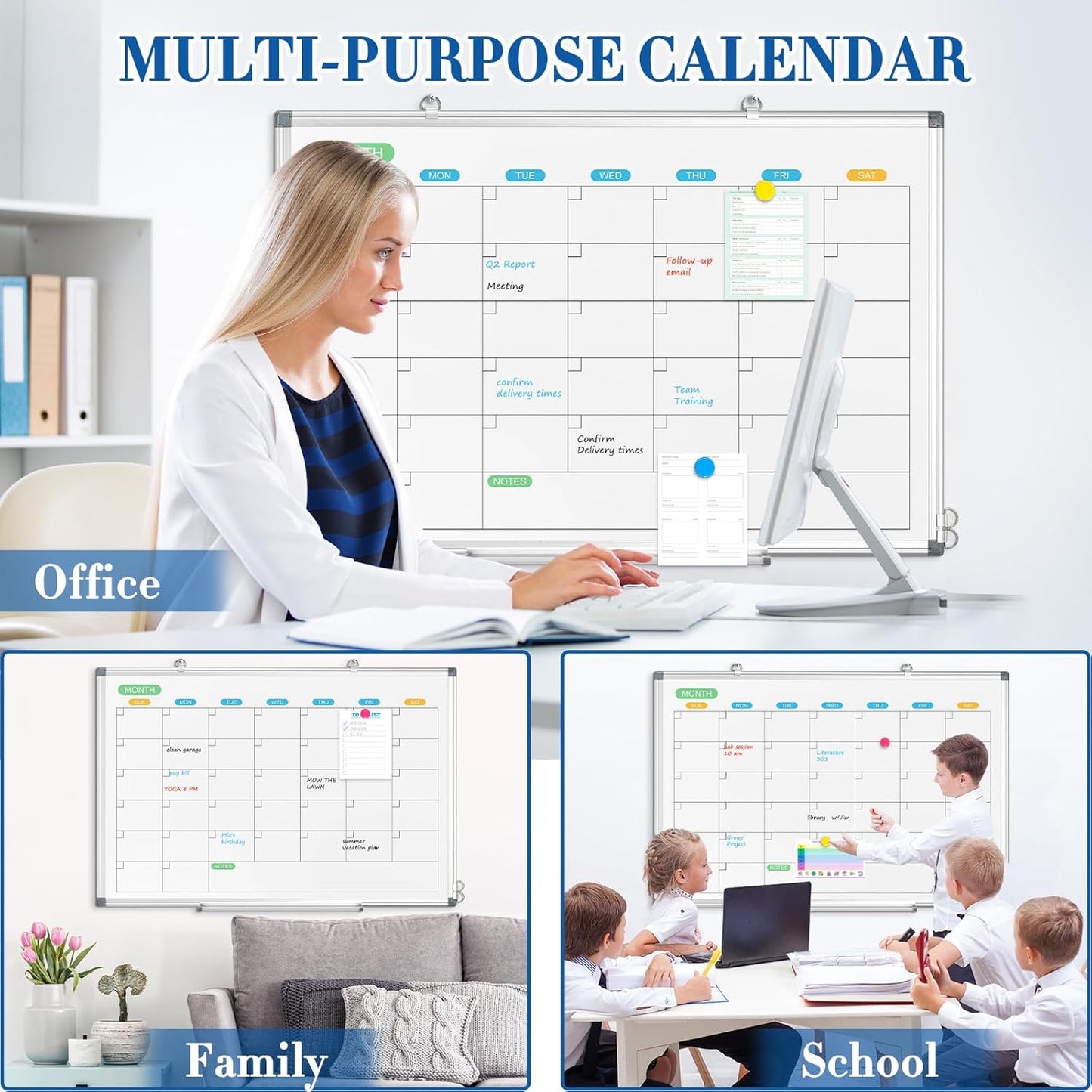 WALGLASS Dry Erase Calendar Whiteboard for Wall, 36" x 24" Double-Sided Monthly Calendar White Board with Silver Aluminum Frame, Hanging or Wall Mount Large Whiteboard for Home, Office, School