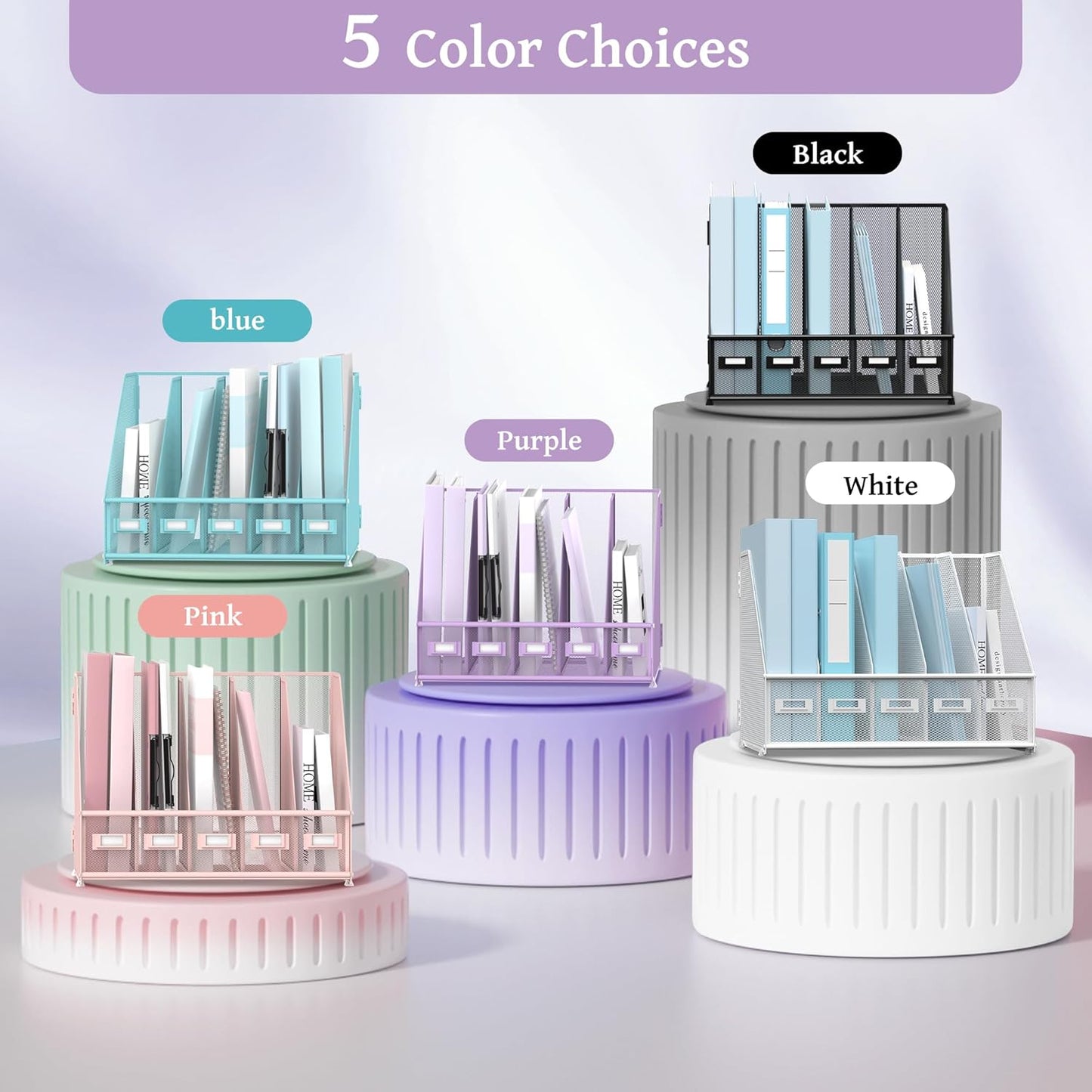 SUPEASY Desk Organizers Metal Desk Magazine File Holder with 5 Vertical Compartments Rack File Organizer for Office Desktop, Home Workspace, Purple