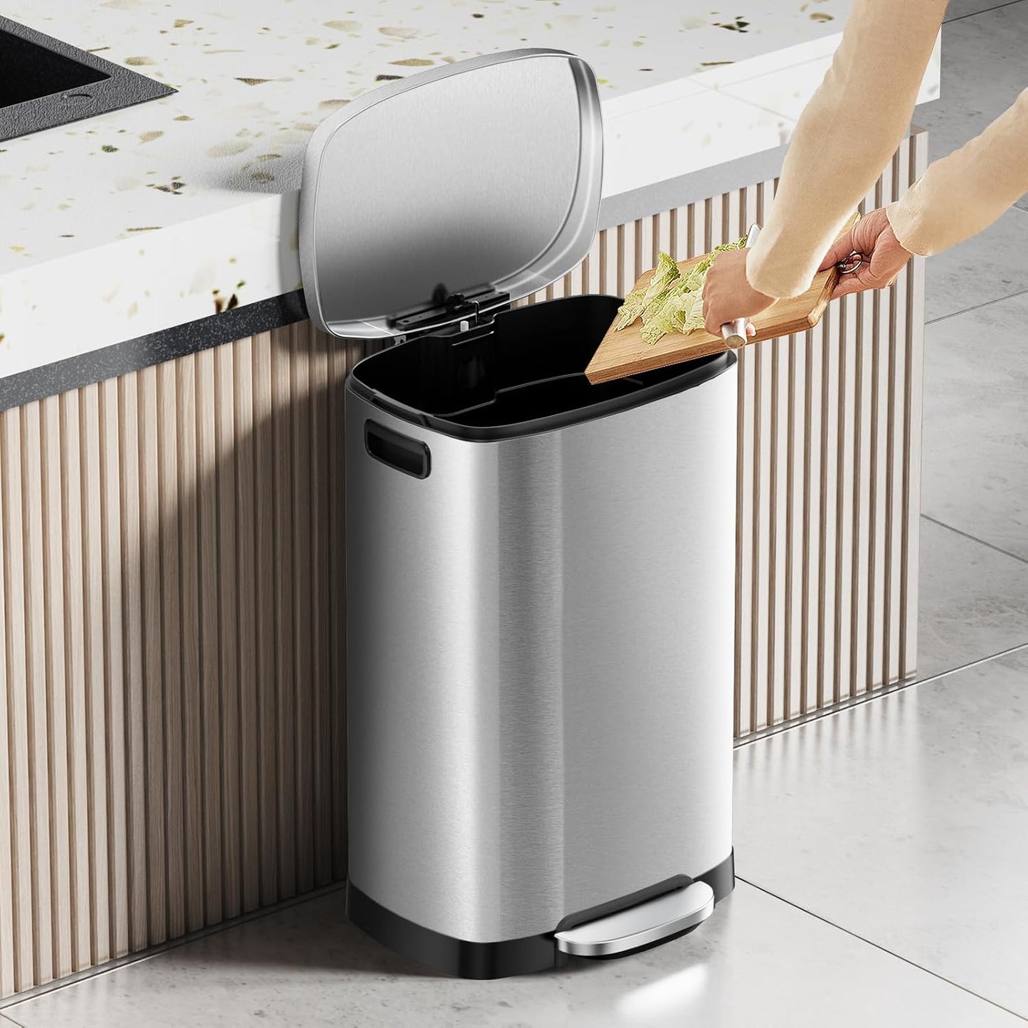 KUK 13 Gallon/50L Stainless Steel Kitchen Trash Can with Lid and Step Pedal-Large Capacity Garbage Bin with Odor Seal, Silent Close Lid, Removable Inner Bucket for Home, Kitchen, Bedroom, Silver