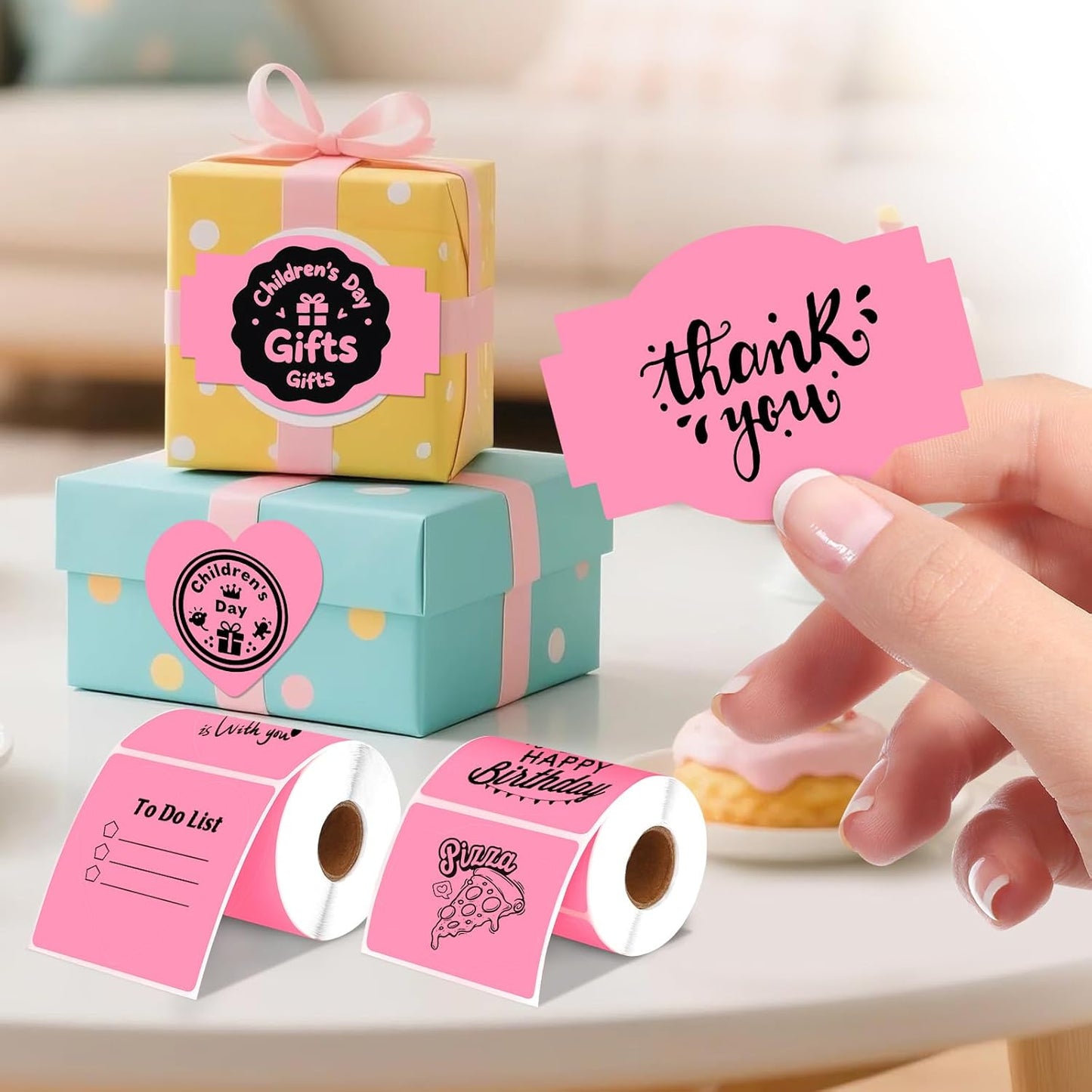 2 Rolls Pink Thermal Labels Personalized & Business Customized Label Stickers for Phomemo 241BT for MUNBYN 130B/RW402B Printers, 600Pcs Waterproof Shipping Label Sheet for Logo/Name/Thanks