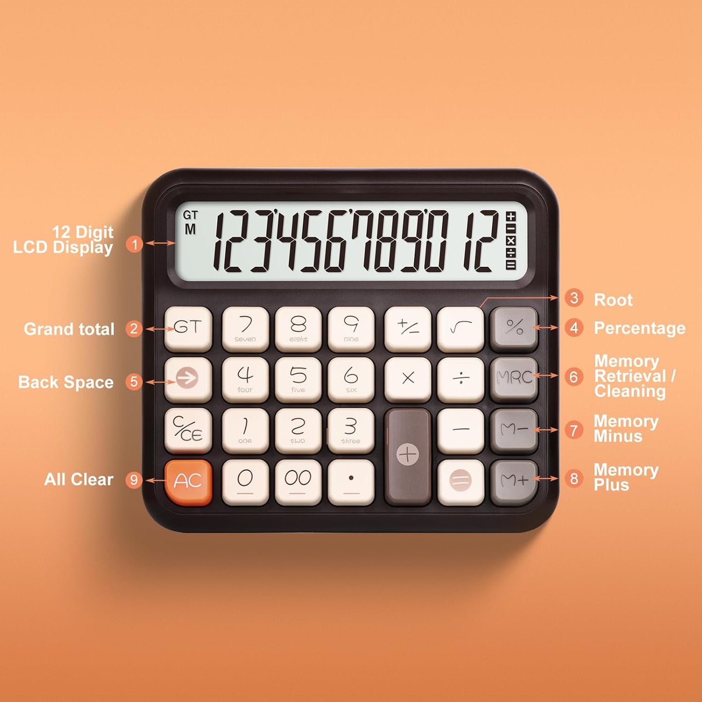 Pendancy Desk Calculator 12 Digit, Retro Cute Basic Calculator with Extra Large LCD Display and Buttons, for Office, School, Home Use