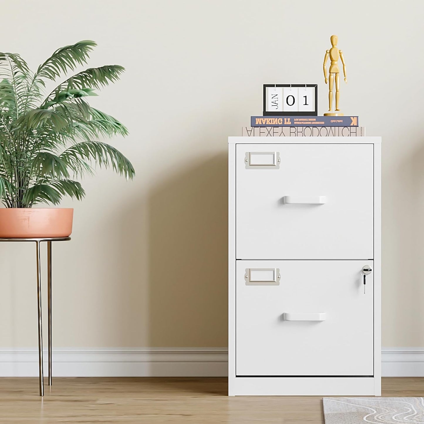 2 Drawer Vertical File Cabinet with Lock, White Metal, Under Desk, Easy Assemble