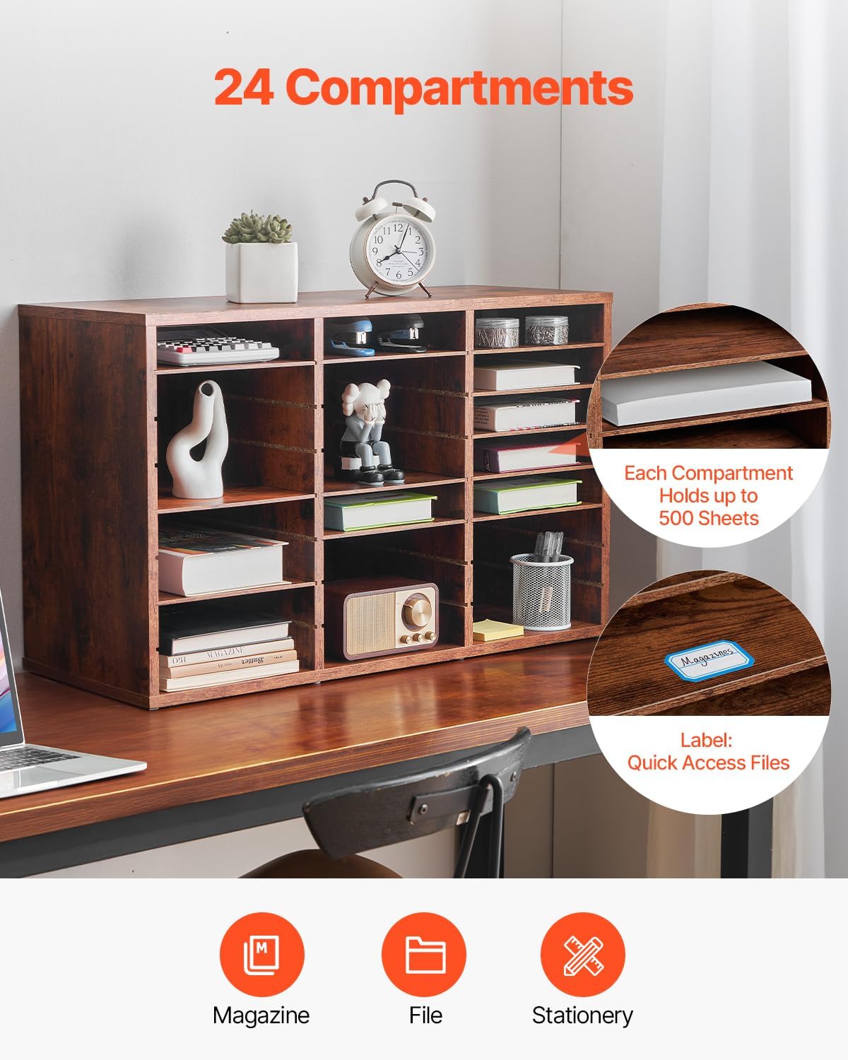 VEVOR Literature Organizer, 24 Compartments Office Mailbox with Removable Shelves, Wooden Mailbox Sorter Particle Board Office Home Classroom Storage, File Sorter for Documents, Papers, Retro Brown