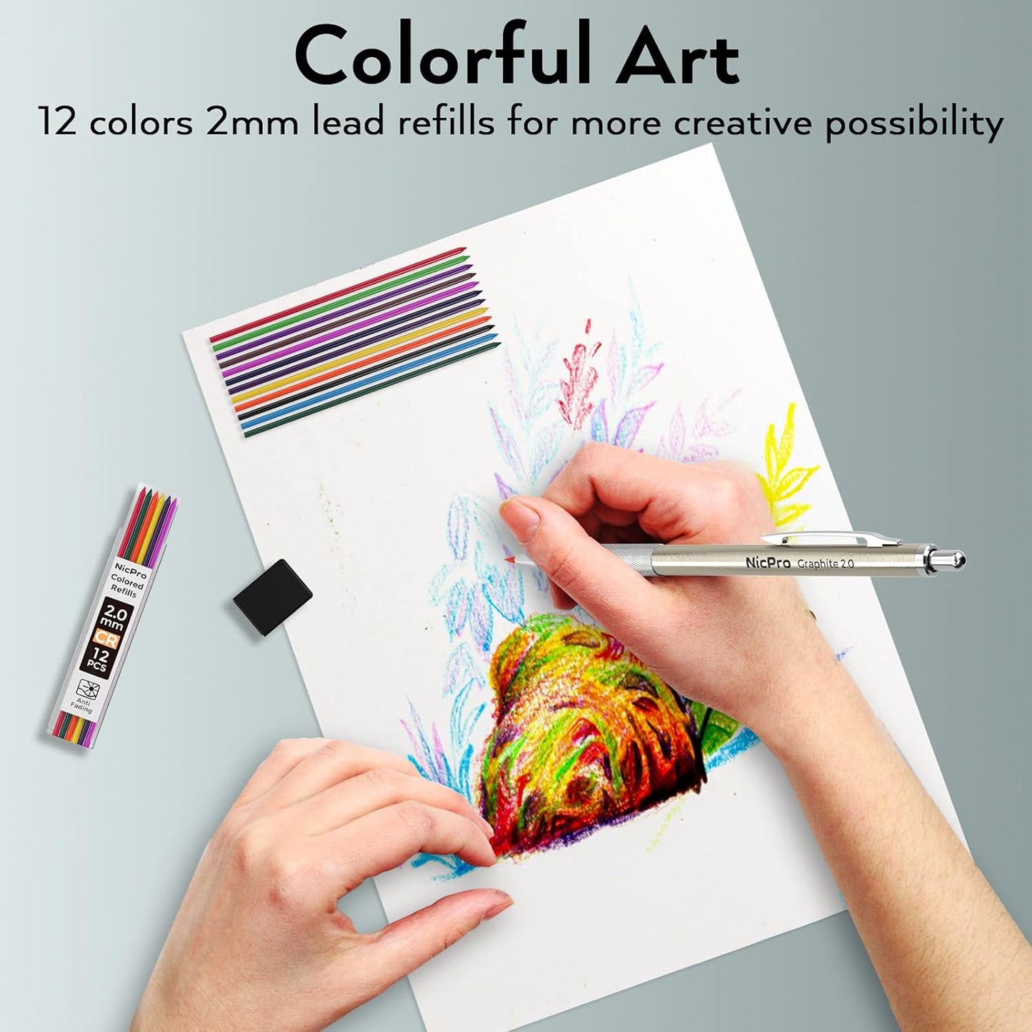 Nicpro 20PCS Metal Mechanical Pencil Set in Leather Case, 0.3 & 0.5 & 0.7 & 0.9 mm & 2mm Lead Pencil Holders, (4B 2B HB 2H) Lead Refills (Black & Colors), Erasers, For Art Drafting Sketching Drawing