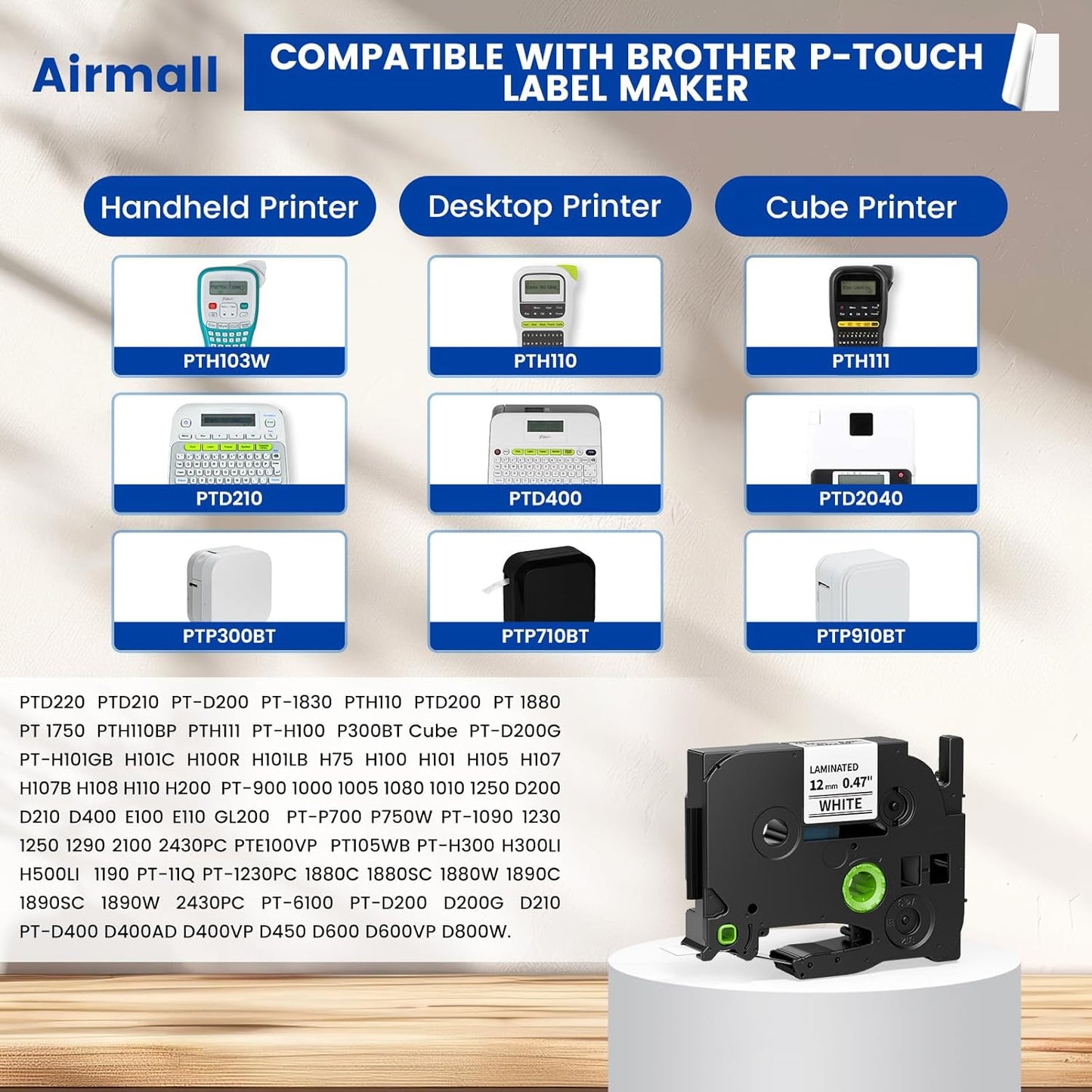 Airmall Tze 12mm 0.47 Laminated White Label Maker Tape Refill Compatible with Brother Ptouch Tape 12mm 0.47 White TZe-231 TZe231 for PT-D220 1180 1280 1290 1750 1830, 8 Pack