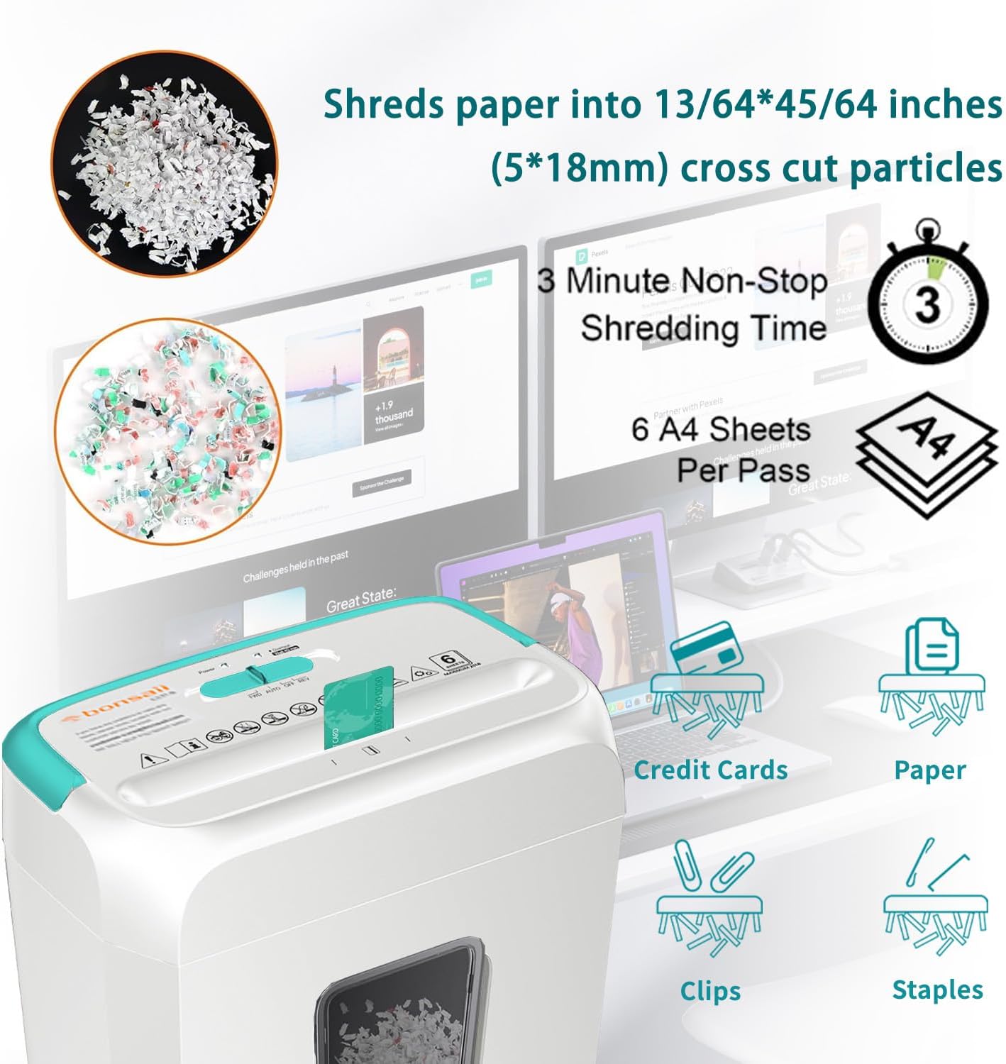 Bonsaii Secure Shredder, Home Office Shredder, high Security, 6-Sheet, Cross-Cut shredding for documents, Mail, Staples, Credit Cards, Equipped Convenient Handle, 3.4-Gallon Wastebasket, White & Blue
