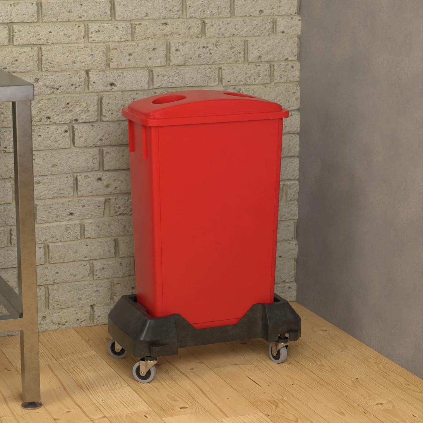 23 Gallon Red Slim Jim Trash Can with Bottle Lid and Dolly