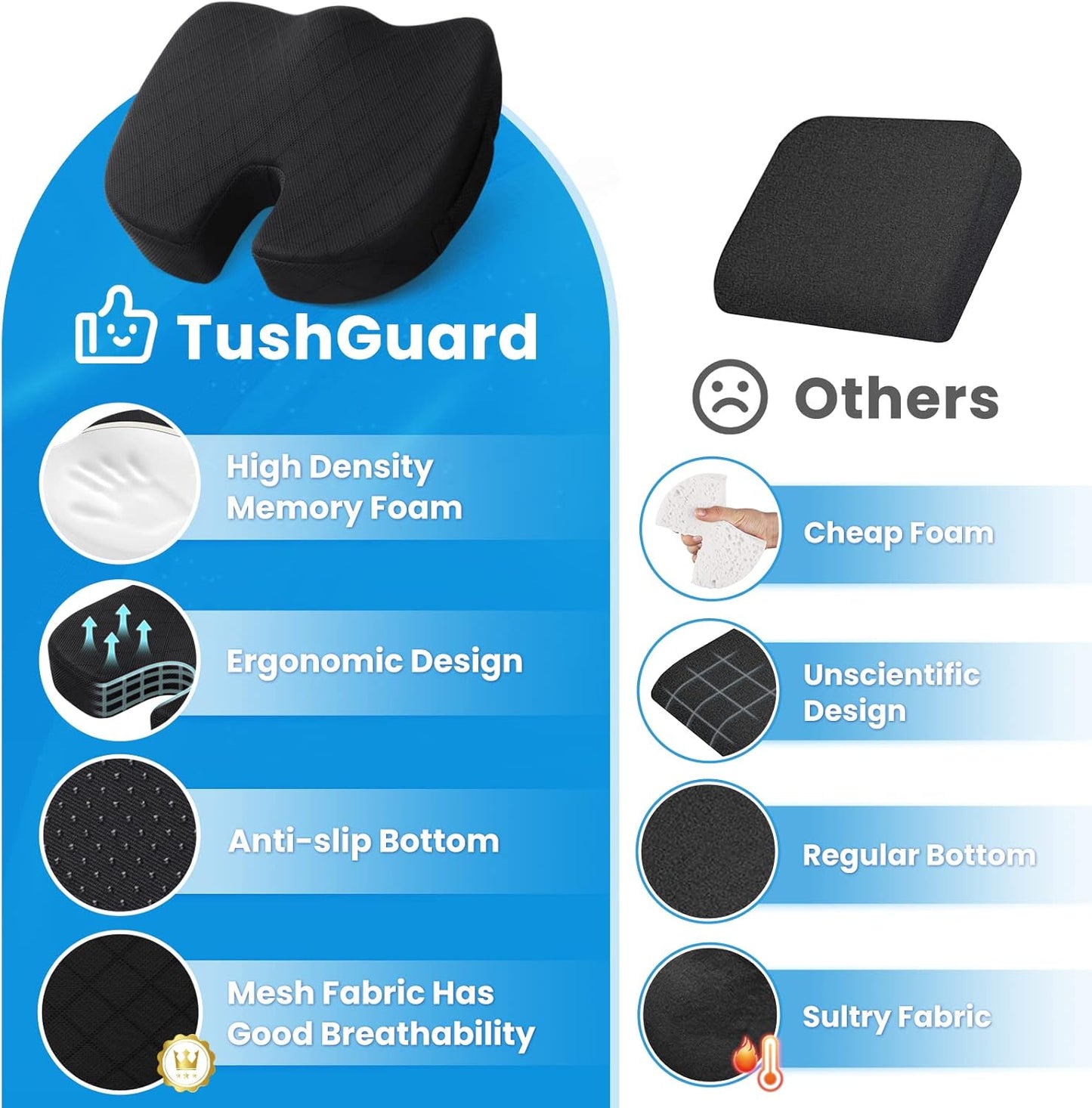 TushGuard Seat Cushion - Cushion for Office Chair, Car Seat, Airplane, Bleacher - Sciatica & Coccyx Pain Relief Desk Chair Cushion for Long Sitting Office Workers, Car Drivers(Black, XX-Large)