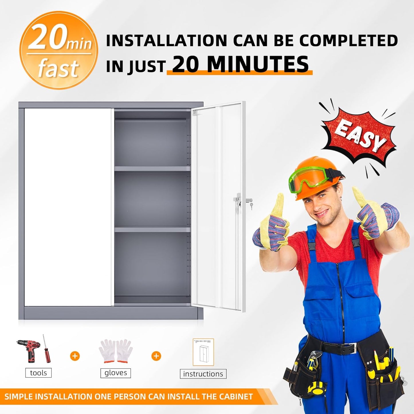 INTERGREAT Metal Cabinet with Lock, Lockable Metal Storage Cabinets with Doors and Shelves for Garage, Grey White Locking Garage Storage Cabinets 36"×32"×16"