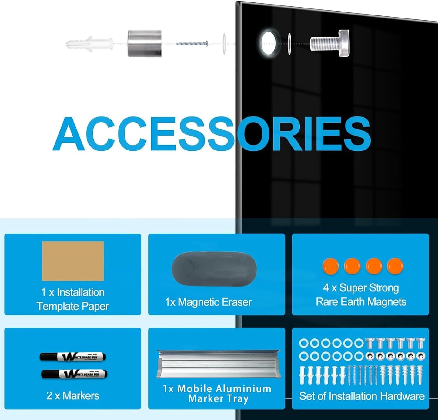 KIZZBY Black Glass Dry Erase Board - Magnetic Blackboard for Wall, 72"x36" Large Frameless Black Whiteboard for Office, Home & School