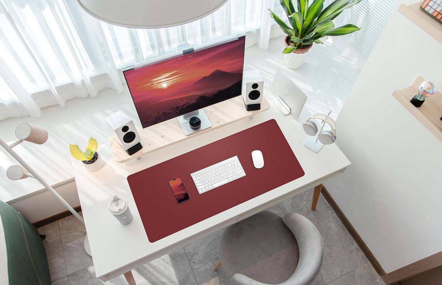 Desk Mat 31.5" x 17" Leather Desk Pad Protector with Natural Cork & PU Leather, Non-Slip Office Desk Mat, Double-Sided Large Mouse Pad, Waterproof Desk Pad for Office&Home (red)