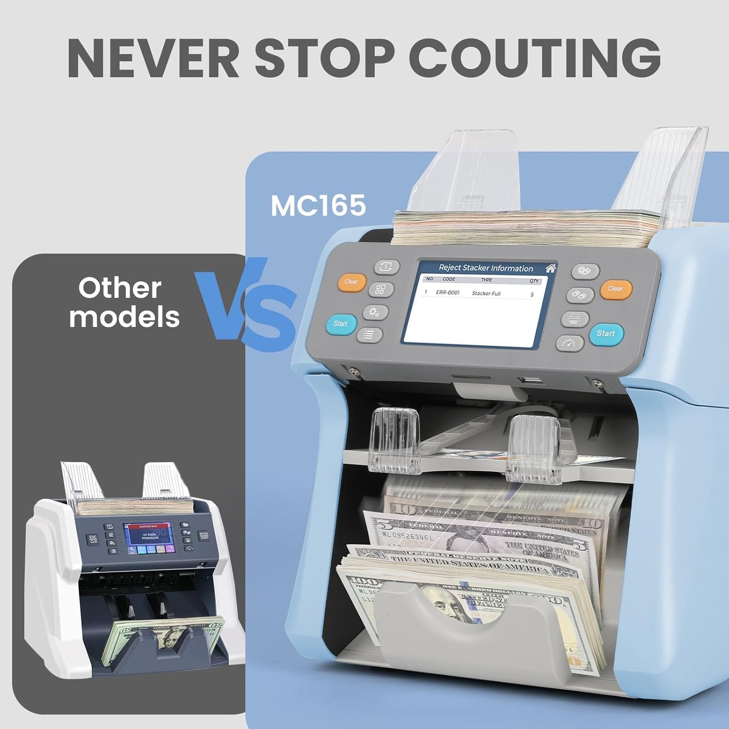 RIBAO MC-165 Two-Pocket Mixed Denomination Money Counter Machine, Value Counting, Blue Bill Counter Multi Currency,2 CIS/UV/MG/IR Counterfeit Detection for Bank, 4.3 inch Large Touch Screen