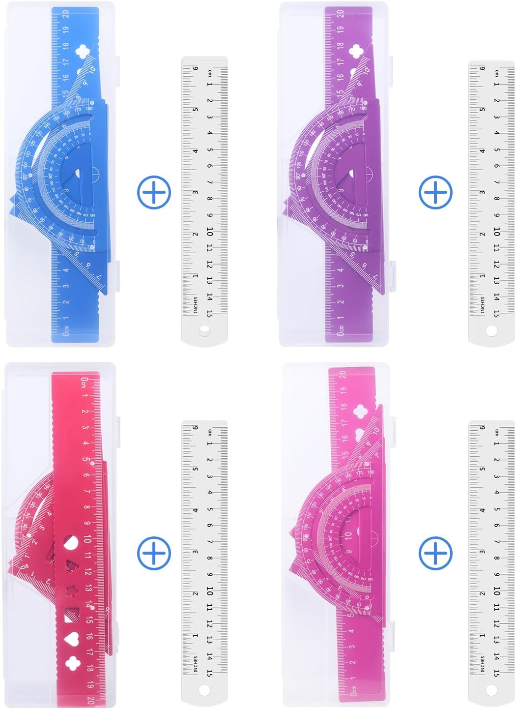 Honagu Triangular Ruler Set, 4+1Pieces Aluminum Alloy Ruler, Metal Drafting Ruler, Geometric Protractor for Students, School Office Supplies (Sky blue, 20cm)