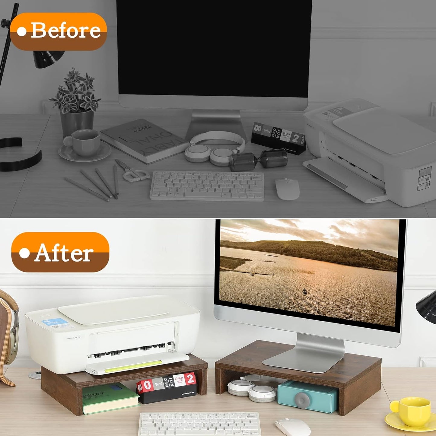 TEAMIX Monitor Riser - 2 Pack, Rustic Brown Wood Adjustable Stand for 2 Monitors/Laptop/PC