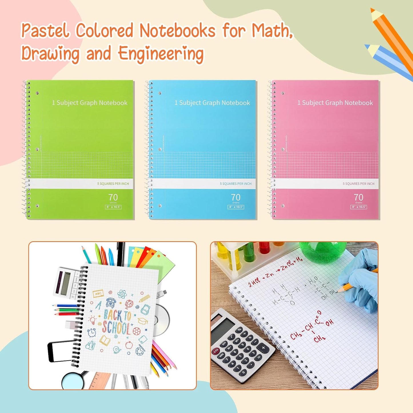 Jetec 9 Pack Graph Paper Spiral Notebook 8x10.5 Inch Quad Ruled Grid Notebooks 70 Sheets Graphing Paper for Math, Engineering, Work, School, and Lab, 5 Squares/inch, 3 Colors